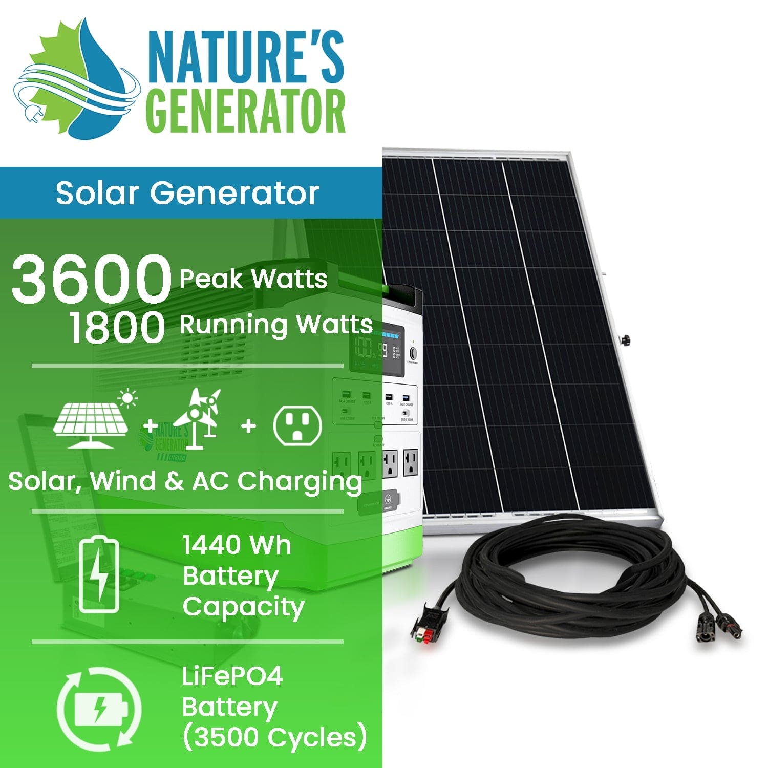 Nature's Generator Lithium 1800 Solar Generator and Transfer Switch - Energize Trek