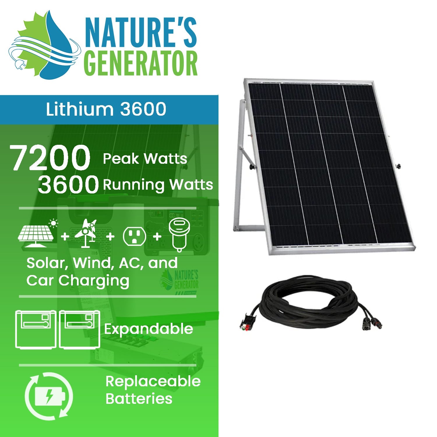 Nature's Generator Lithium 3600 Solar Generator and Transfer Switch - Energize Trek