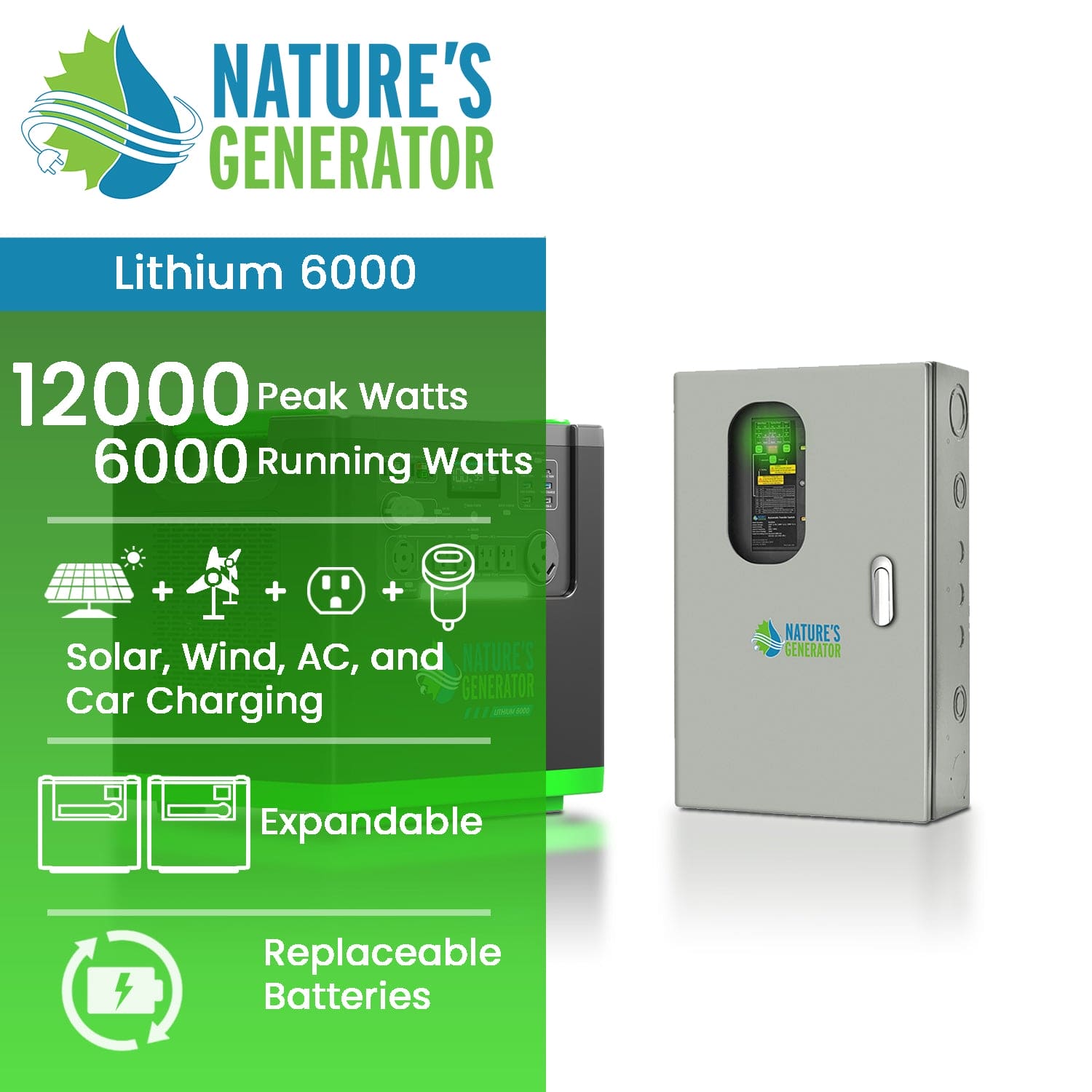 Nature's Generator Lithium 6000 and Transfer Switch - Energize Trek