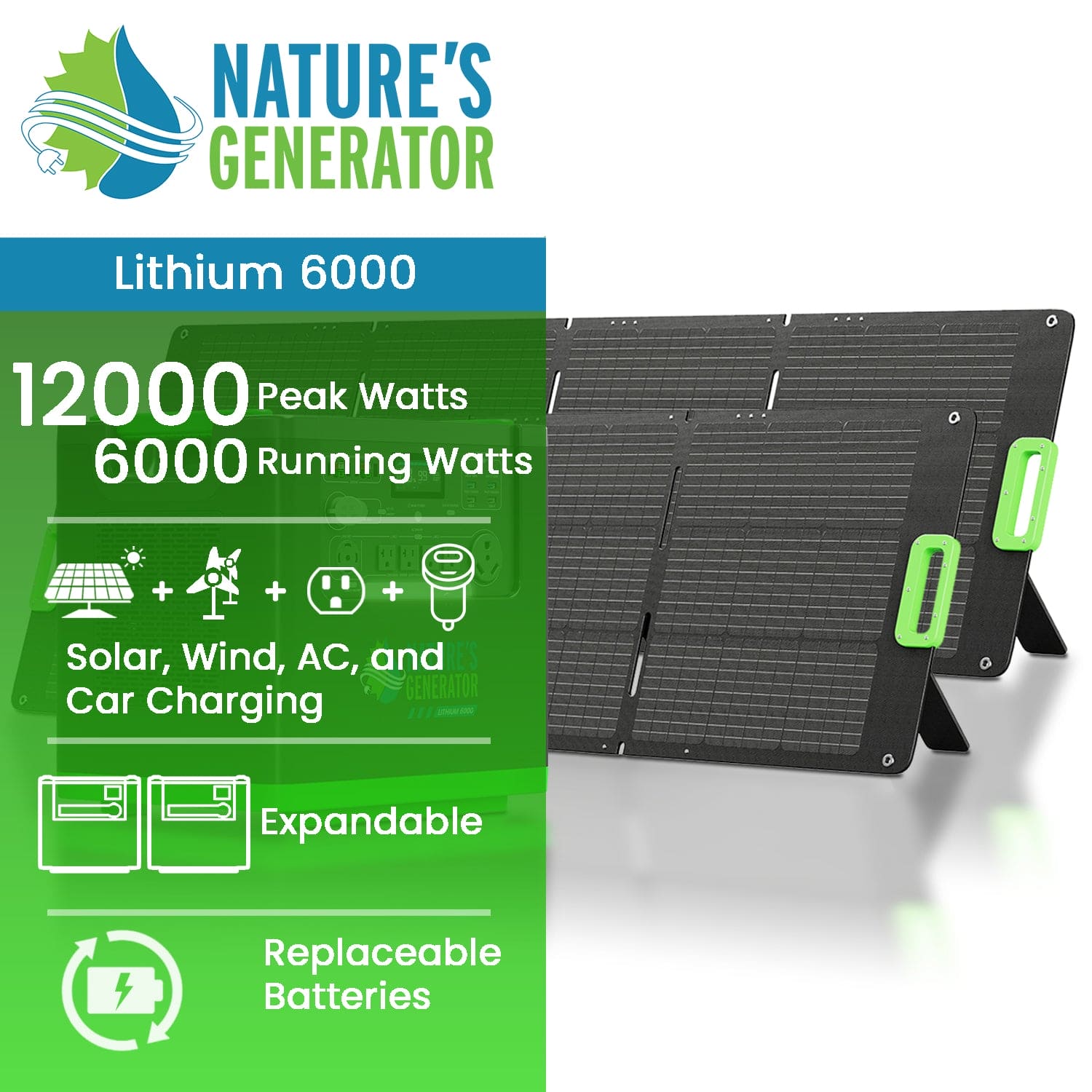 Nature's Generator Lithium 6000 with Solar Panel - Energize Trek