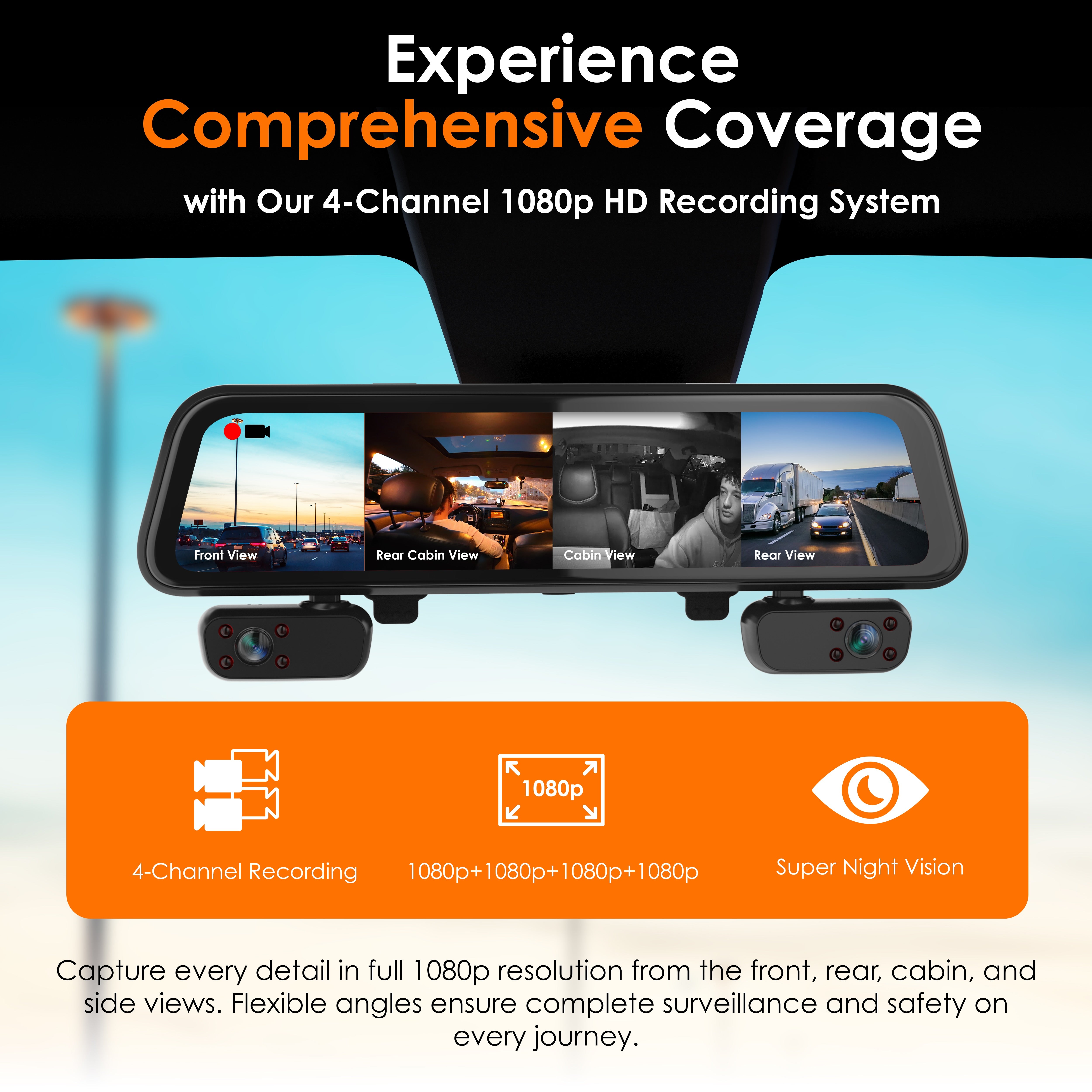Rexing M4 4-CHANNEL MIRROR DASH CAM 12” Touch Screen Mirror Dash Cam, 1080p with GPS - Energize Trek