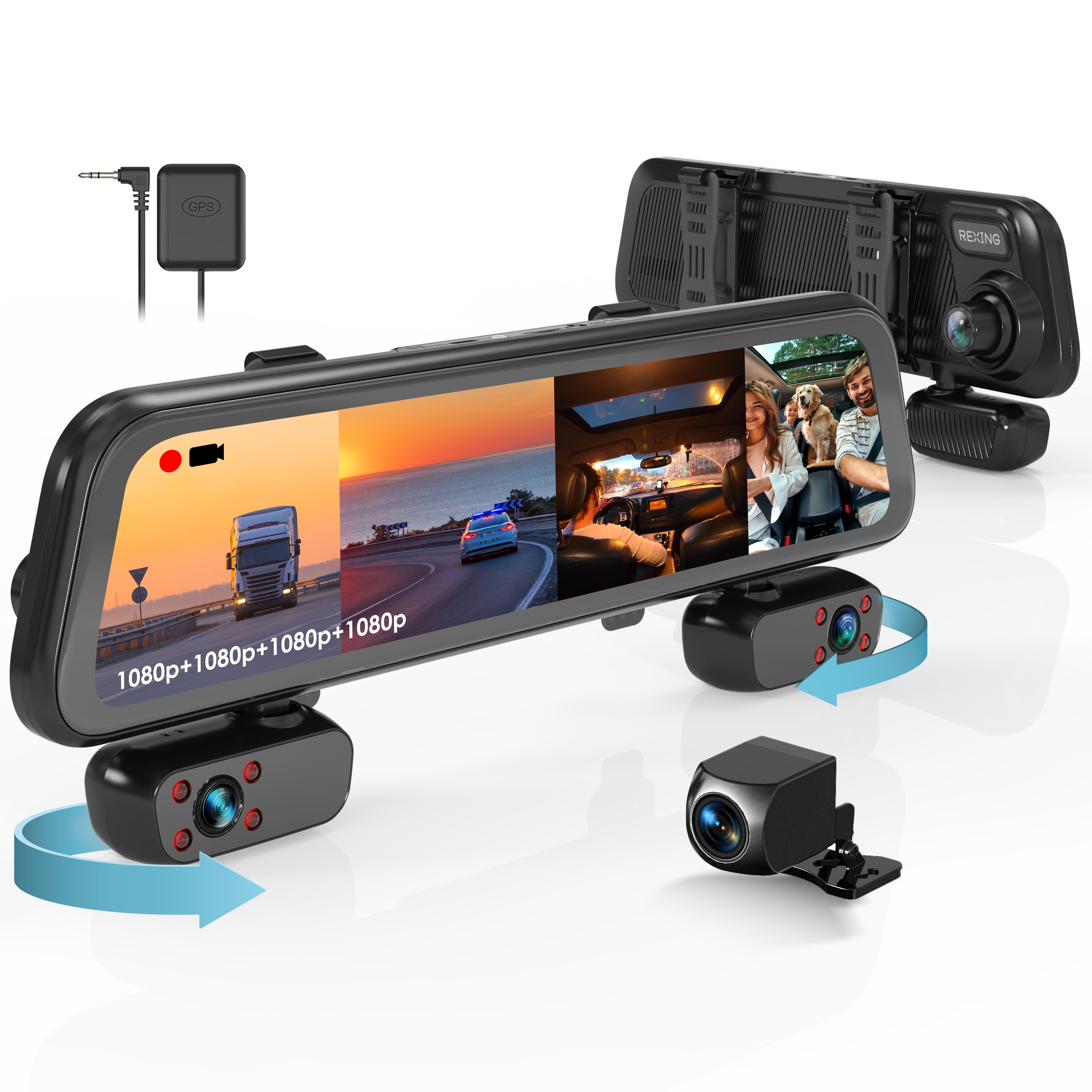 Rexing M4 4-CHANNEL MIRROR DASH CAM 12” Touch Screen Mirror Dash Cam, 1080p with GPS - Energize Trek