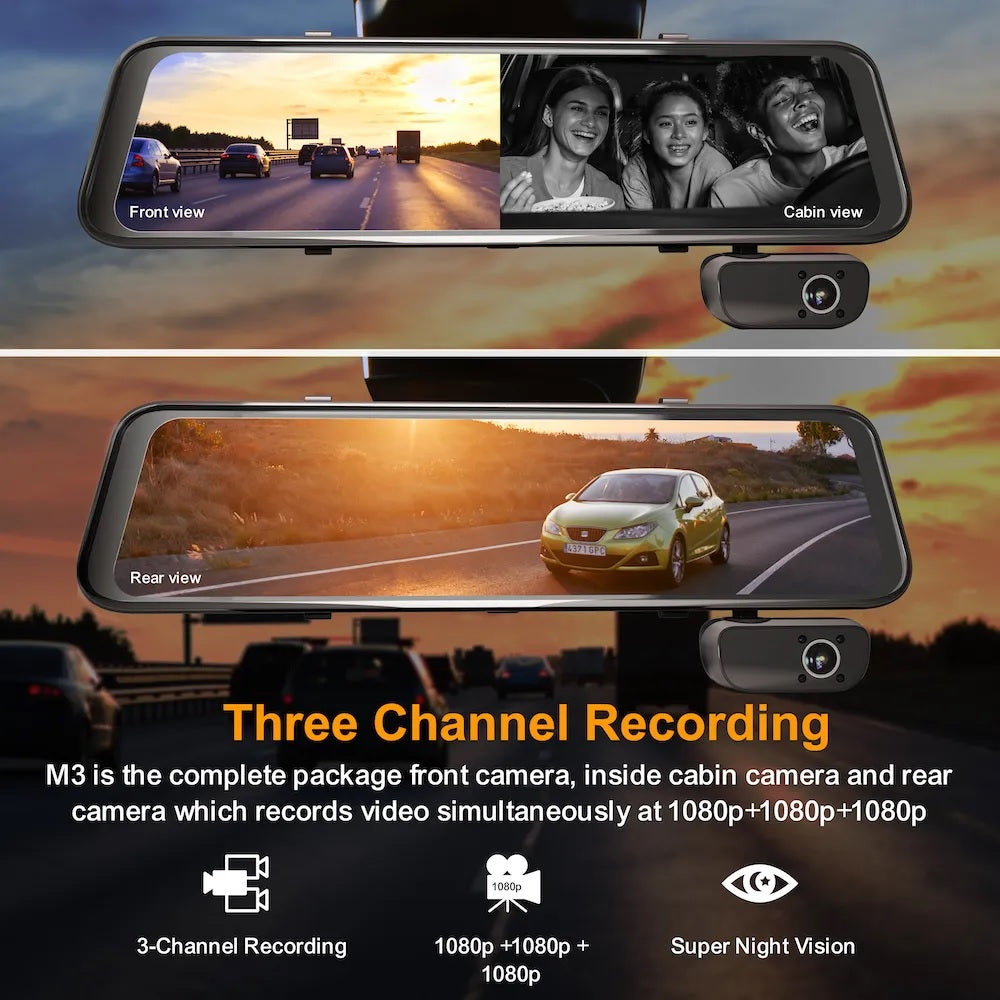 Rexing M3 3 Channel 1080p Front +1080p Cabin +1080p Rear Mirrored Dash Cam w/ GPS - Energize Trek
