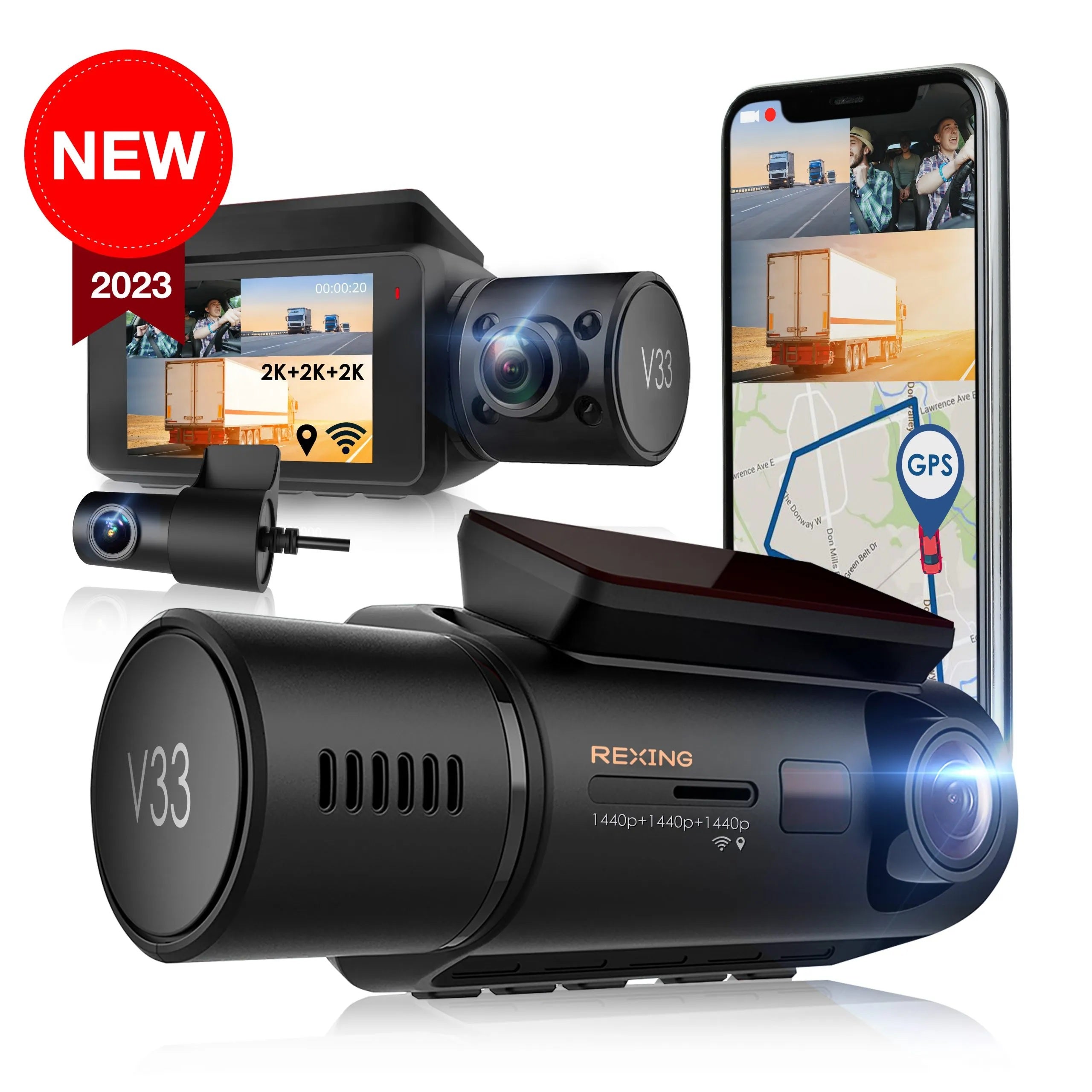 Rexing V33 3 Channel 1440p+1440p+1440p Front, Cabin and Rear Camera Dashcam with Built-in Wi-Fi & GPS - Energize Trek