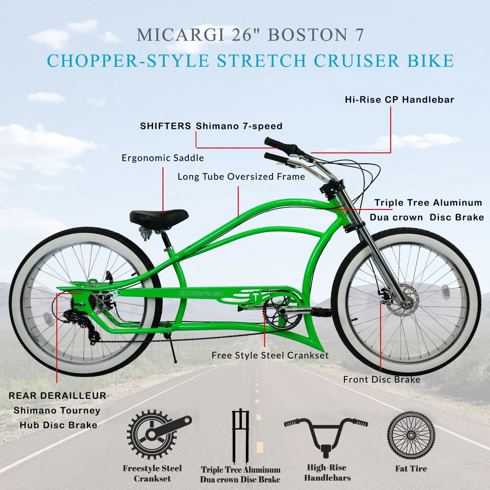 Micargi Boston 7 Stretch Beach Cruiser Bike - Energize Trek