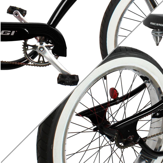 Micargi Bronco 26" Stretch Cruiser, Coaster Brake Single-Sp, Three Piece Black Crank, black Triple Tree Fork, Stem&Moon-Type handlebar, Alloy Black 26x80mm rims and black spokes/ F&R. 26x3.0 white wall tire, black saddle & seatpost - Energize Trek