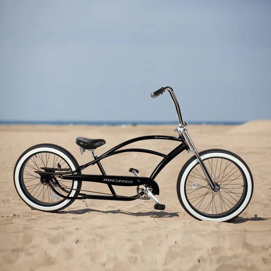Micargi Bronco 26" Stretch Cruiser, Coaster Brake Single-Sp, Three Piece Black Crank, black Triple Tree Fork, Stem&Moon-Type handlebar, Alloy Black 26x80mm rims and black spokes/ F&R. 26x3.0 white wall tire, black saddle & seatpost - Energize Trek