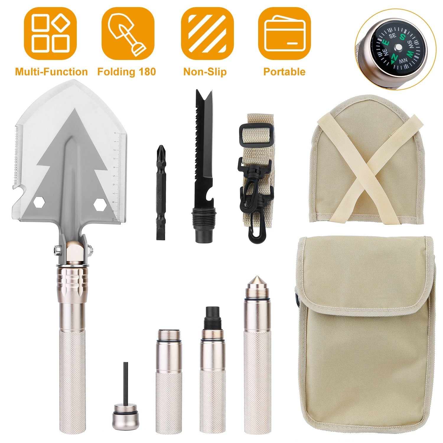 Military Folding Shovel Multifunctional Survival Emergency Spade Tactical Multi Tool For Outdoor Camping Hiking Backpacking w/ Compass - Energize Trek