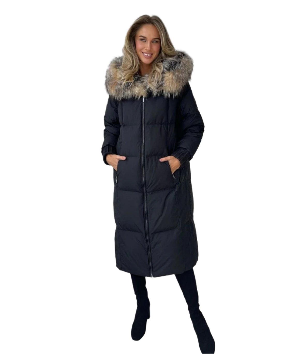 Genuine Silver Fox Fur Trim Long Down Fill Coat - Energize Trek