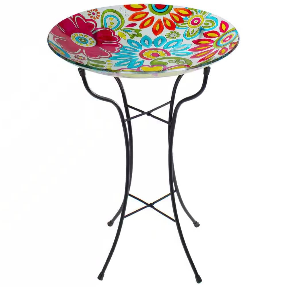 18-inch Blue Yellow Red Pastel Flowers Painted Glass Outdoor Bird Bath w/ Stand - Energize Trek