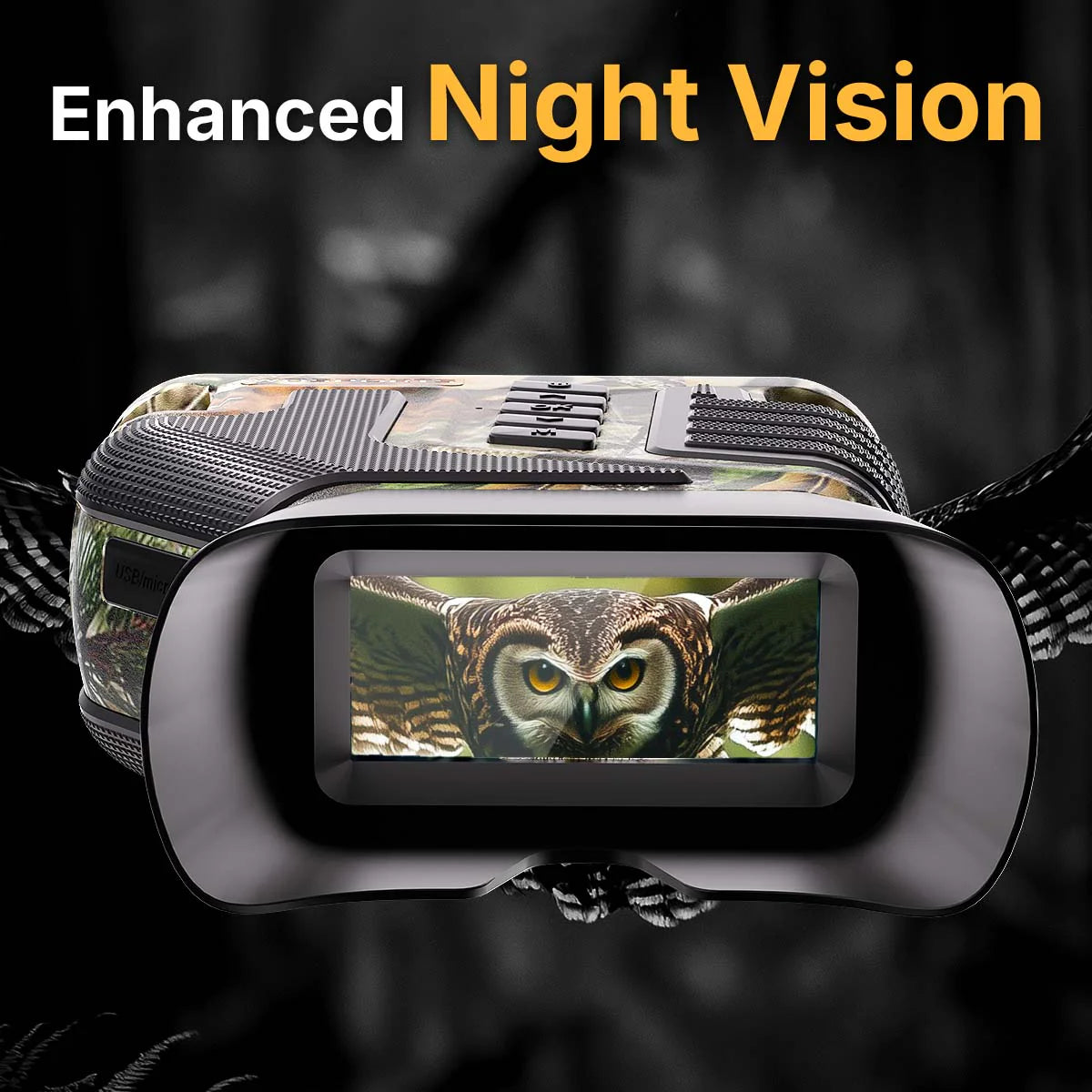 Night vision device displaying an owl in a dark setting with 'Enhanced Night Vision' text.