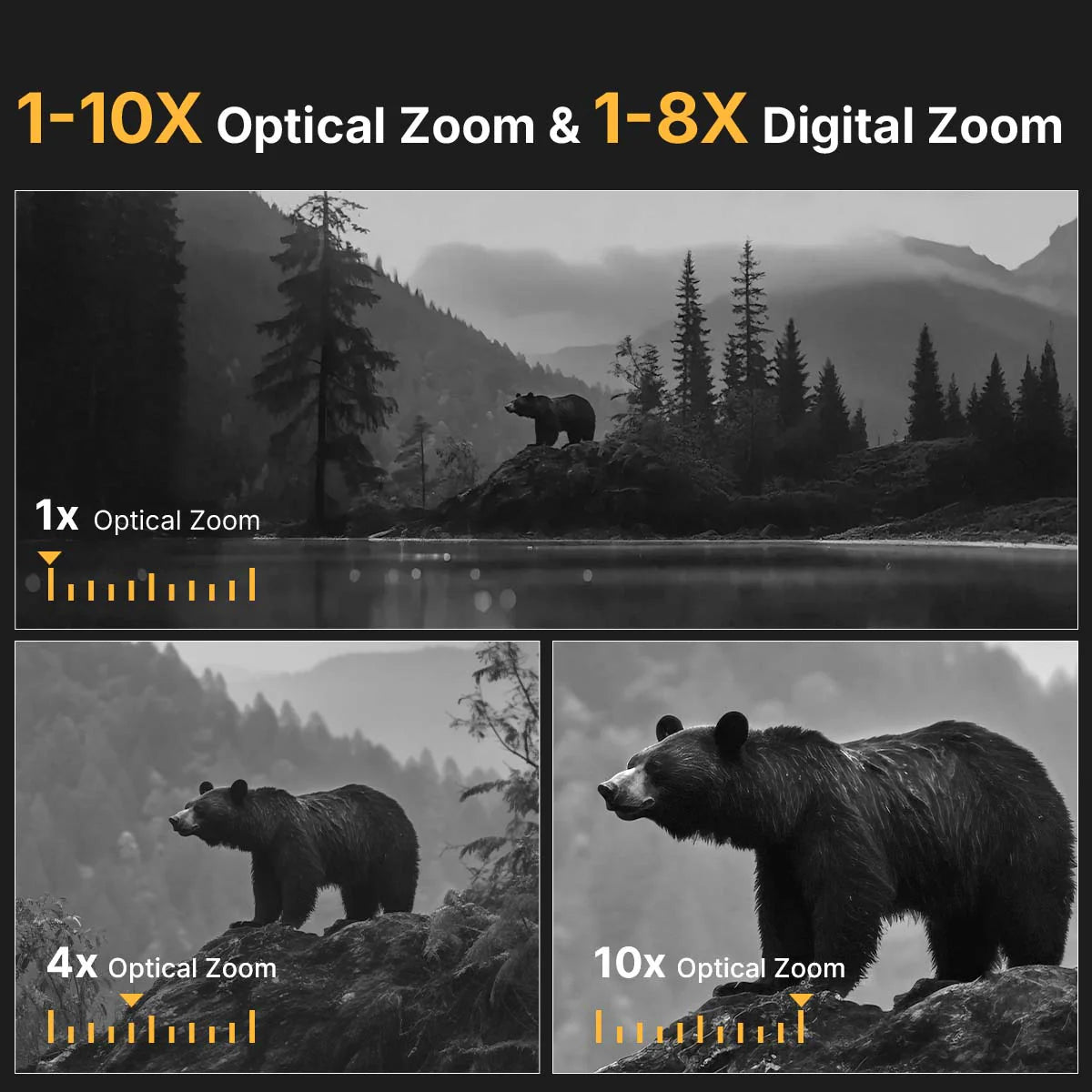 Zoom demonstration of a bear in a forest with optical and digital zoom text.