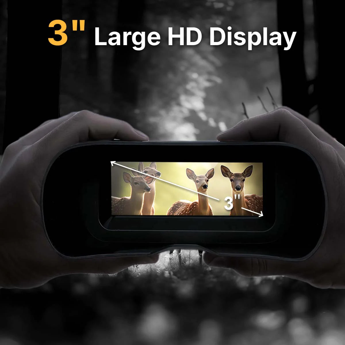 Person holding a device with a 3-inch large HD display showing images of deer.