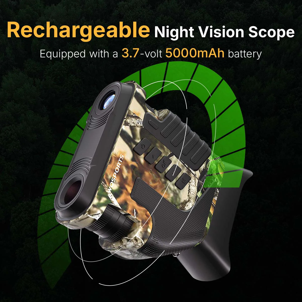 Rechargeable night vision scope with camouflage design on a dark background