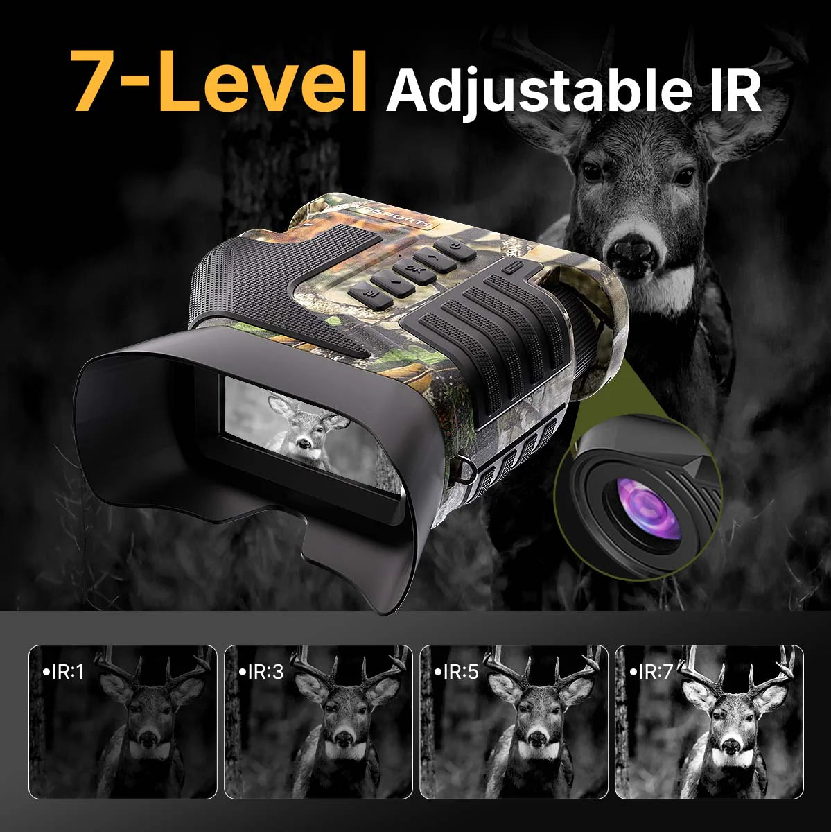 Camouflage hunting scope with 7-level adjustable IR feature, deer in the background