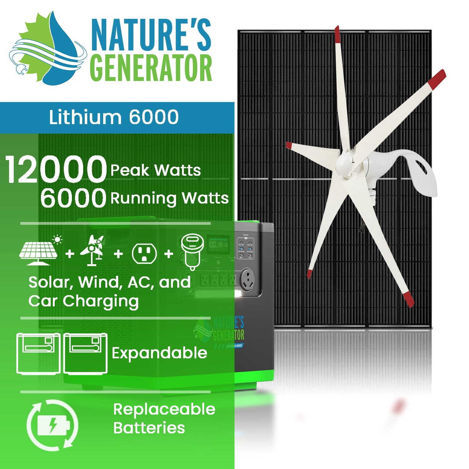 Nature's Generator Lithium 6000 with Solar Panels and Wind Turbine - Energize Trek