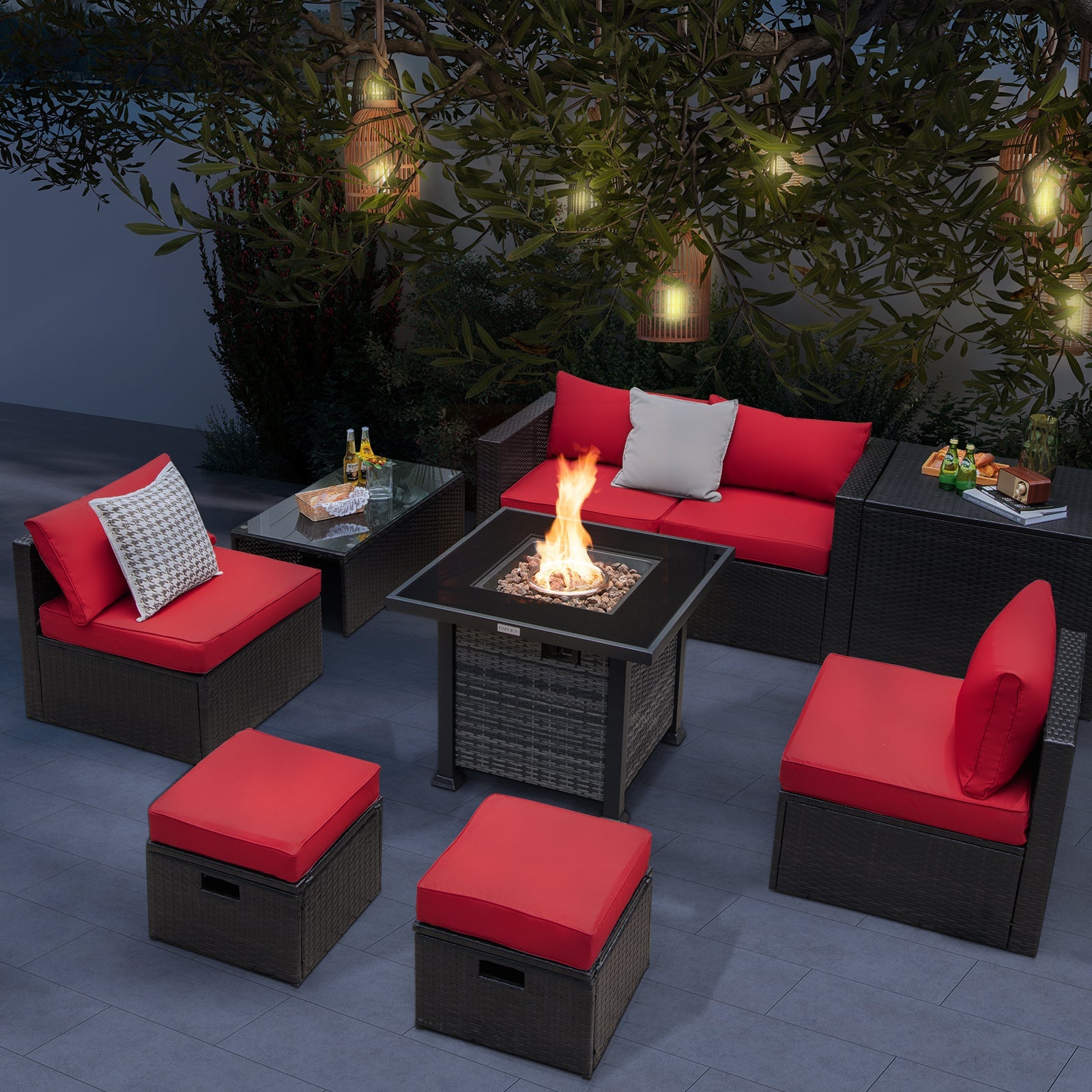 Outdoor 9 Pieces Patio Furniture Set with 50 000 BTU Propane Fire Pit Table-Red - Energize Trek