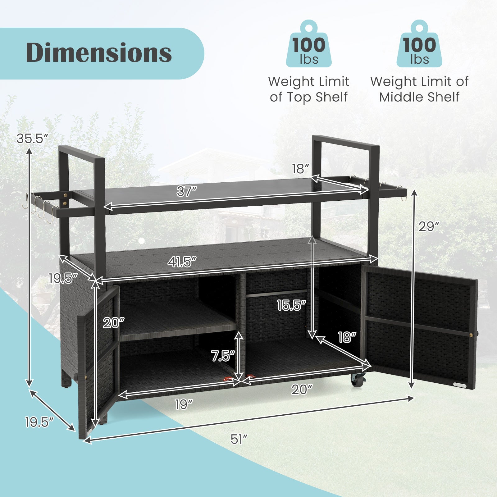 Outdoor Bar Cart Wicker Buffet Serving Cart with Cabinet and 8 Hooks - Energize Trek