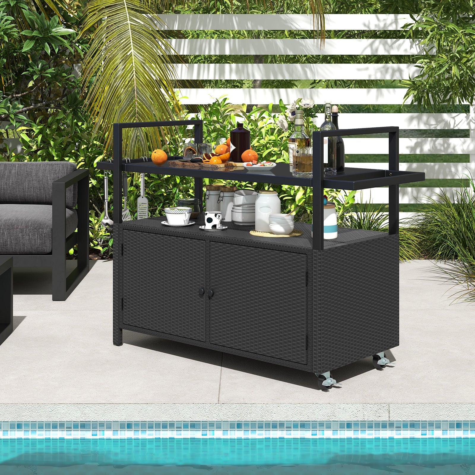 Outdoor Bar Cart Wicker Buffet Serving Cart with Cabinet and 8 Hooks - Energize Trek