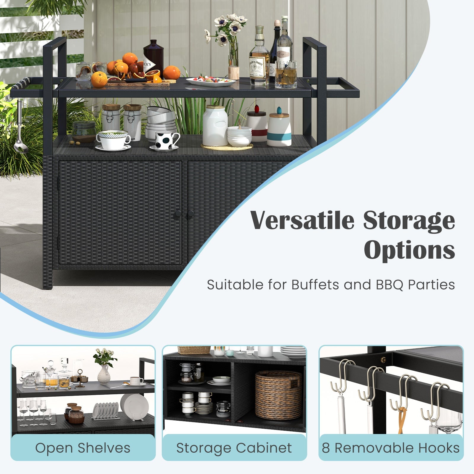 Outdoor Bar Cart Wicker Buffet Serving Cart with Cabinet and 8 Hooks - Energize Trek