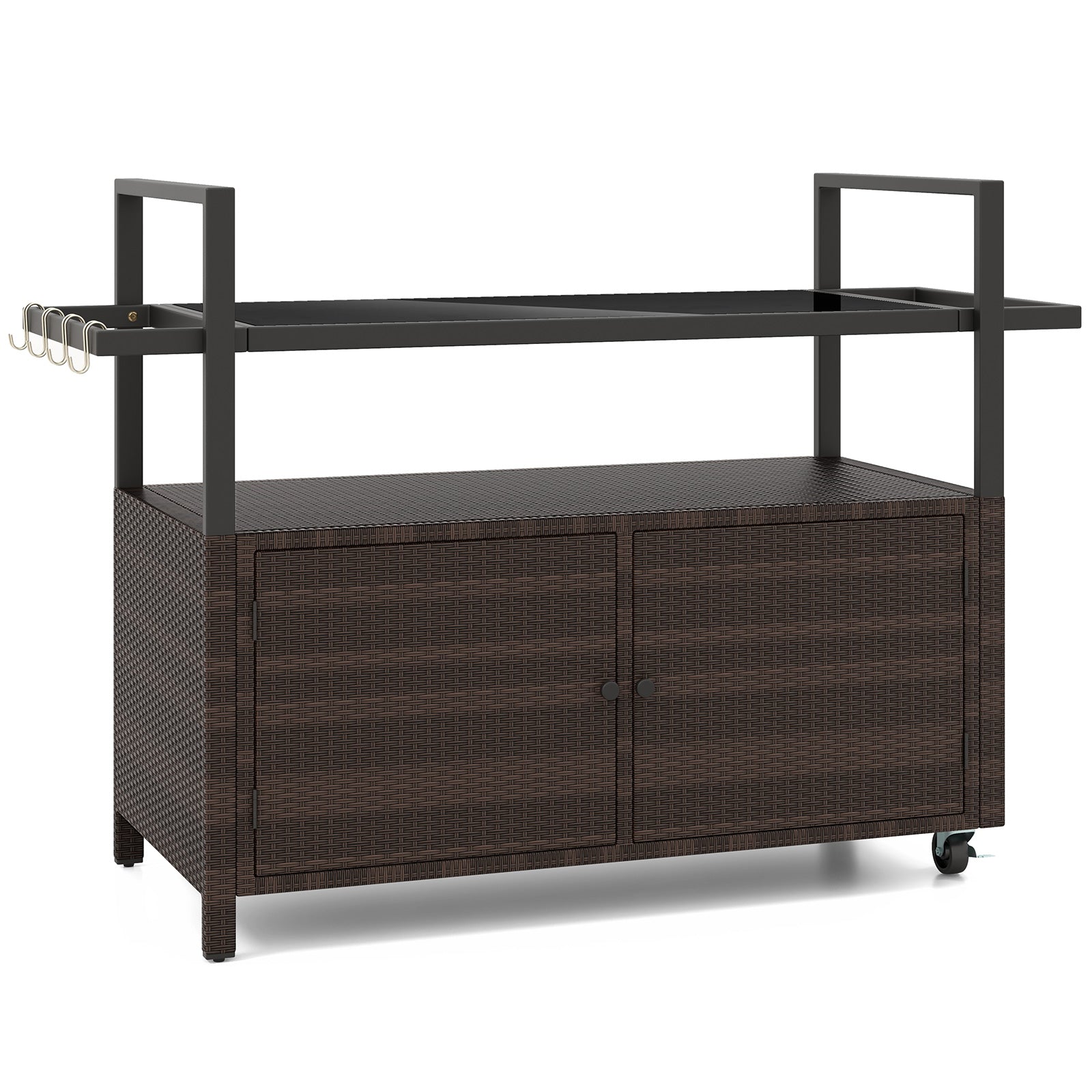 Outdoor Bar Cart Wicker Buffet Serving Cart with Cabinet and 8 Hooks - Energize Trek