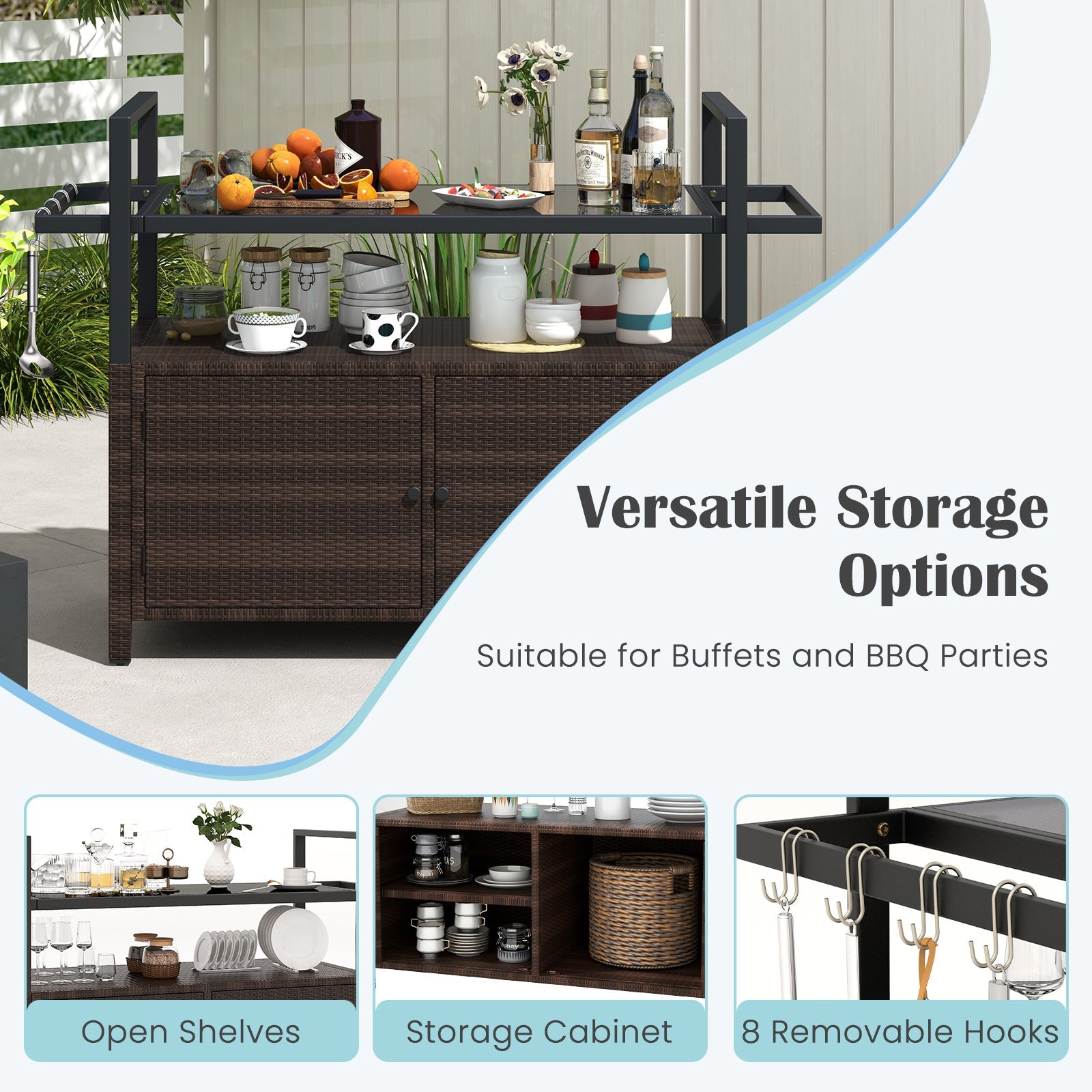 Outdoor Bar Cart Wicker Buffet Serving Cart with Cabinet and 8 Hooks - Energize Trek