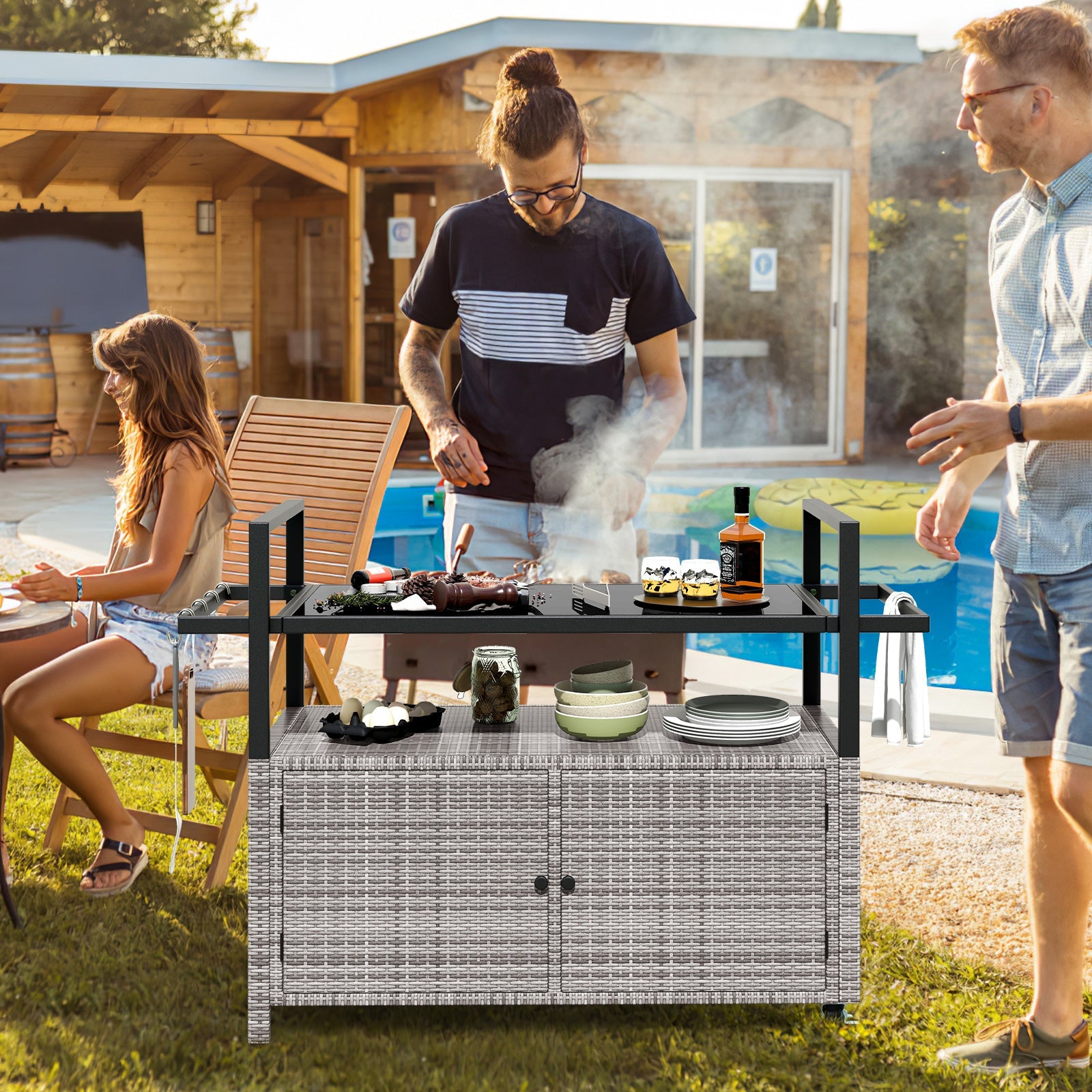 Outdoor Bar Cart Wicker Buffet Serving Cart with Cabinet and 8 Hooks - Energize Trek