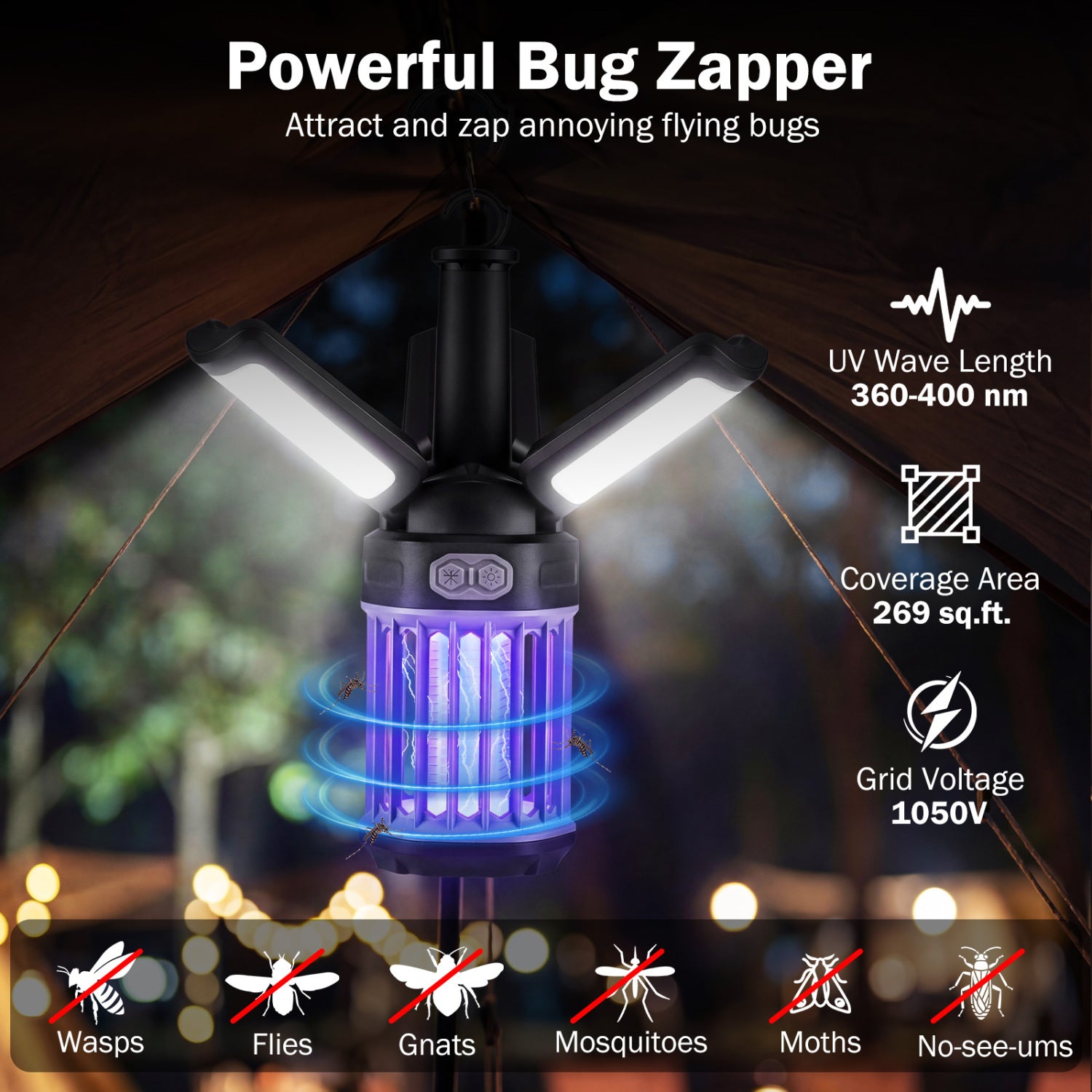 Outdoor Bug Zapper with Foldable Camping Lantern USB-C Rechargeable Electric Mosquito Killer - Energize Trek