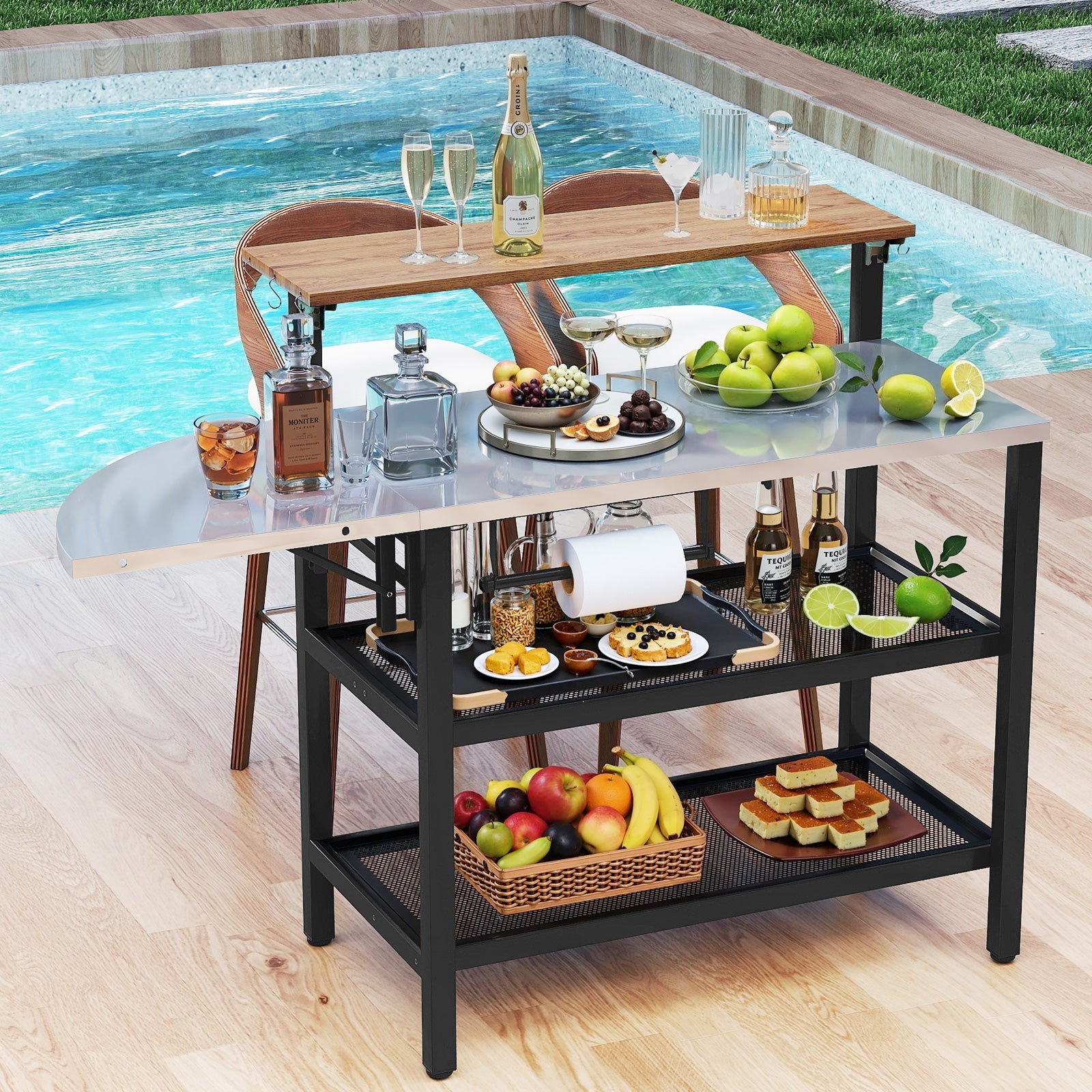 Outdoor Foldable Grill Table with Flip-Up Top and 2 Storage Shelves for Backyard Garden - Energize Trek