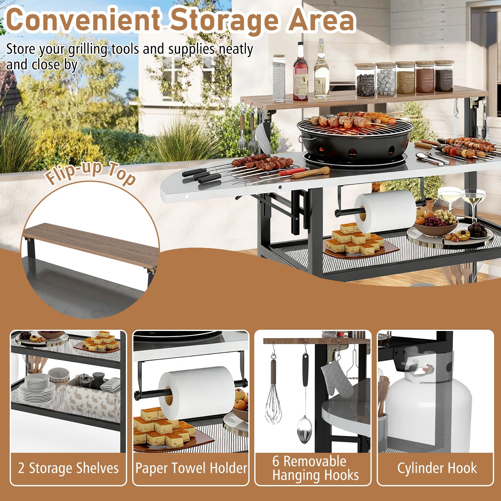 Outdoor Foldable Grill Table with Flip-Up Top and 2 Storage Shelves for Backyard Garden - Energize Trek