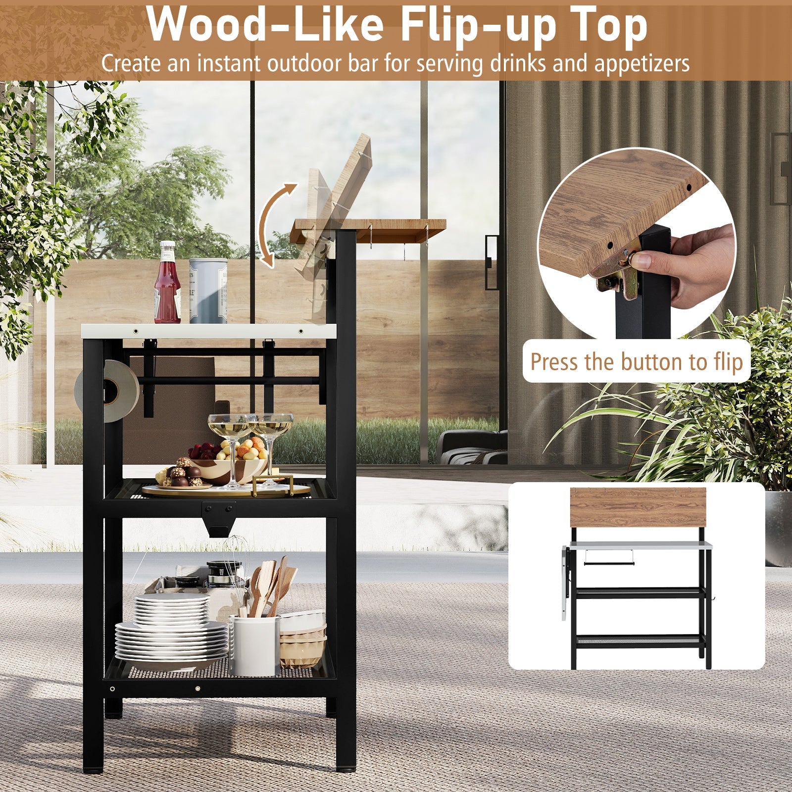 Outdoor Foldable Grill Table with Flip-Up Top and 2 Storage Shelves for Backyard Garden - Energize Trek