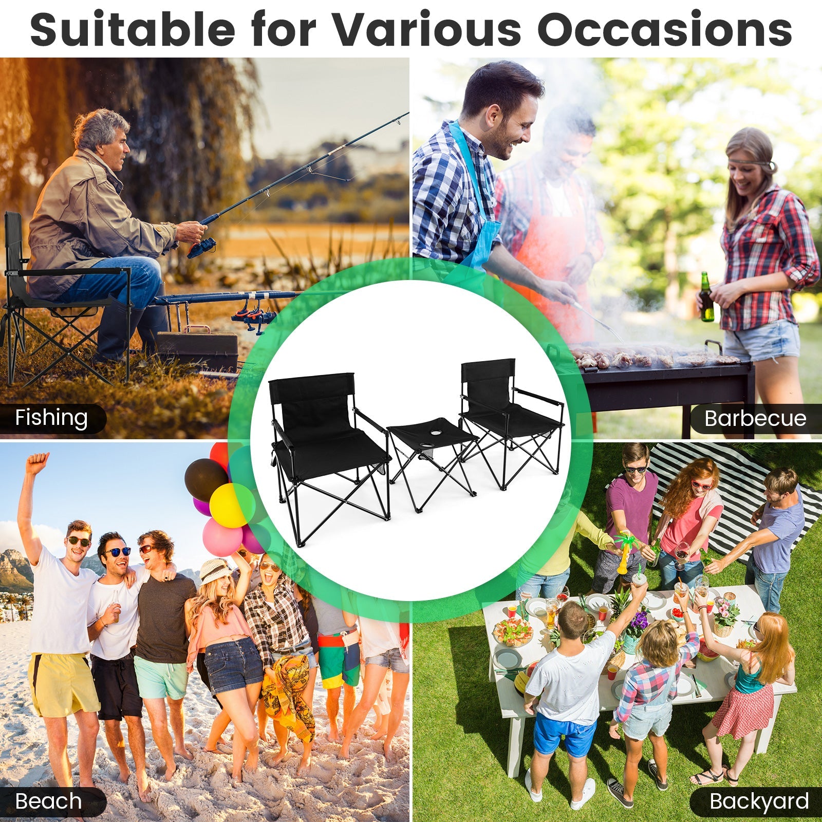Outdoor Folding Camping Chairs and Table Set with Carrying Bag-Black - Energize Trek