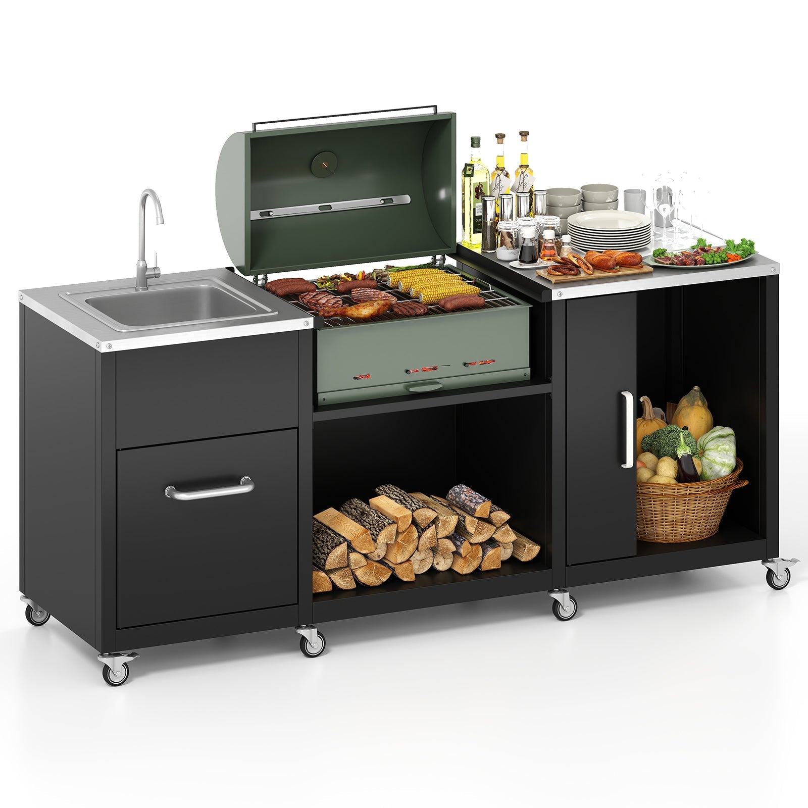 Outdoor Grill Table with Sink and Drainage Heavy Duty Metal Grill Cart-Black - Energize Trek