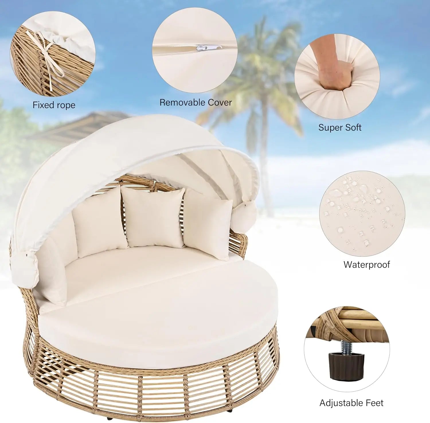 Outdoor Rattan Round Daybed With Retractable Canopy Removable Cushions - Energize Trek