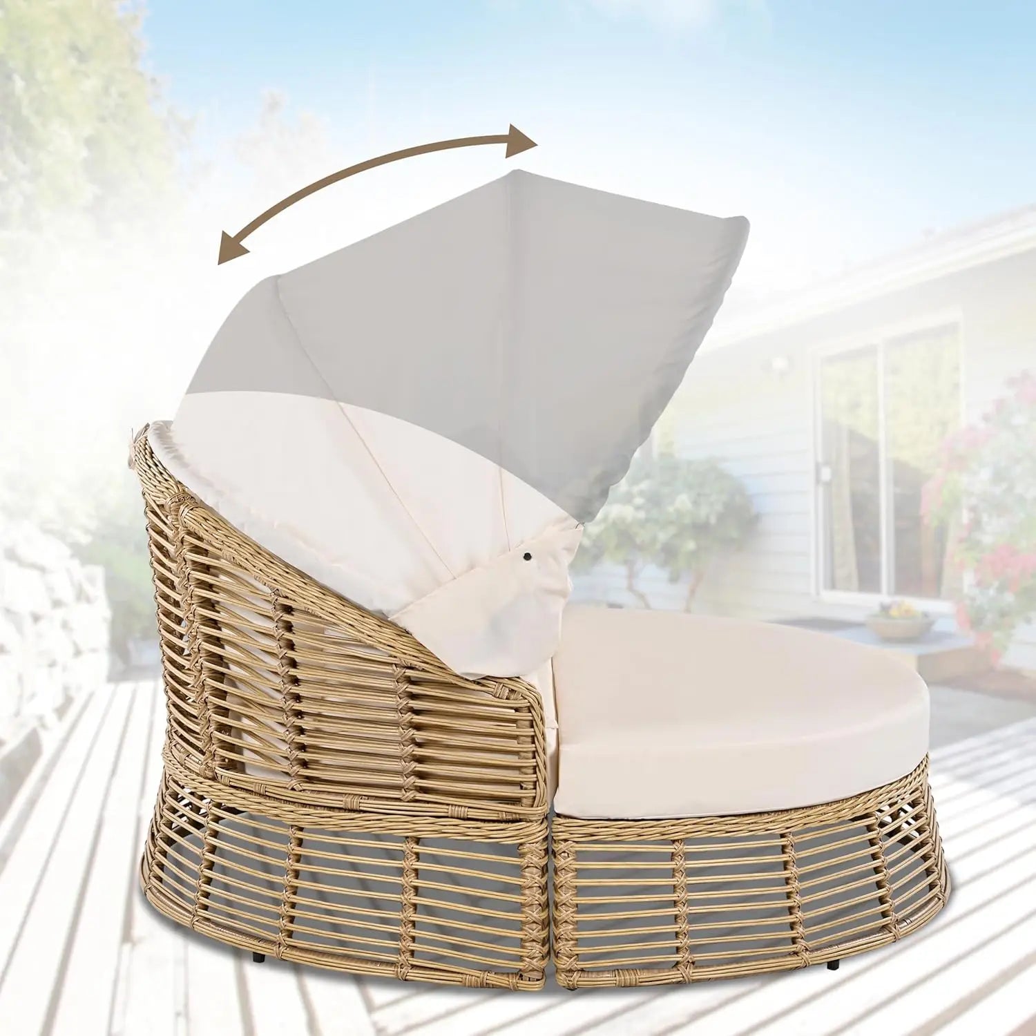 Outdoor Rattan Round Daybed With Retractable Canopy Removable Cushions - Energize Trek