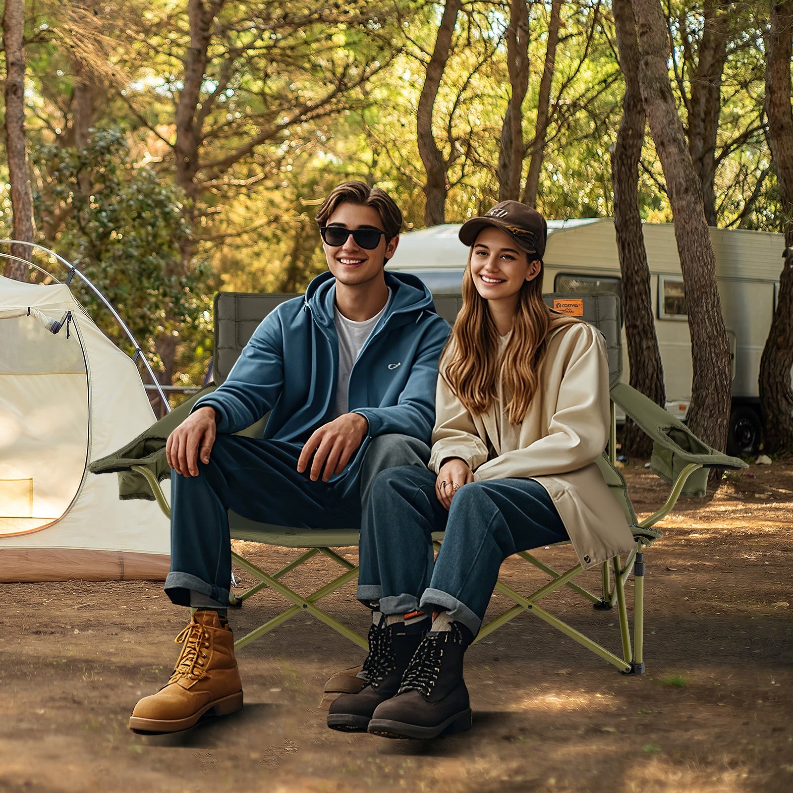 Oversized Camping Chair Folding Loveseat Camping Couch with Cup Holders & Thick Padding - Energize Trek