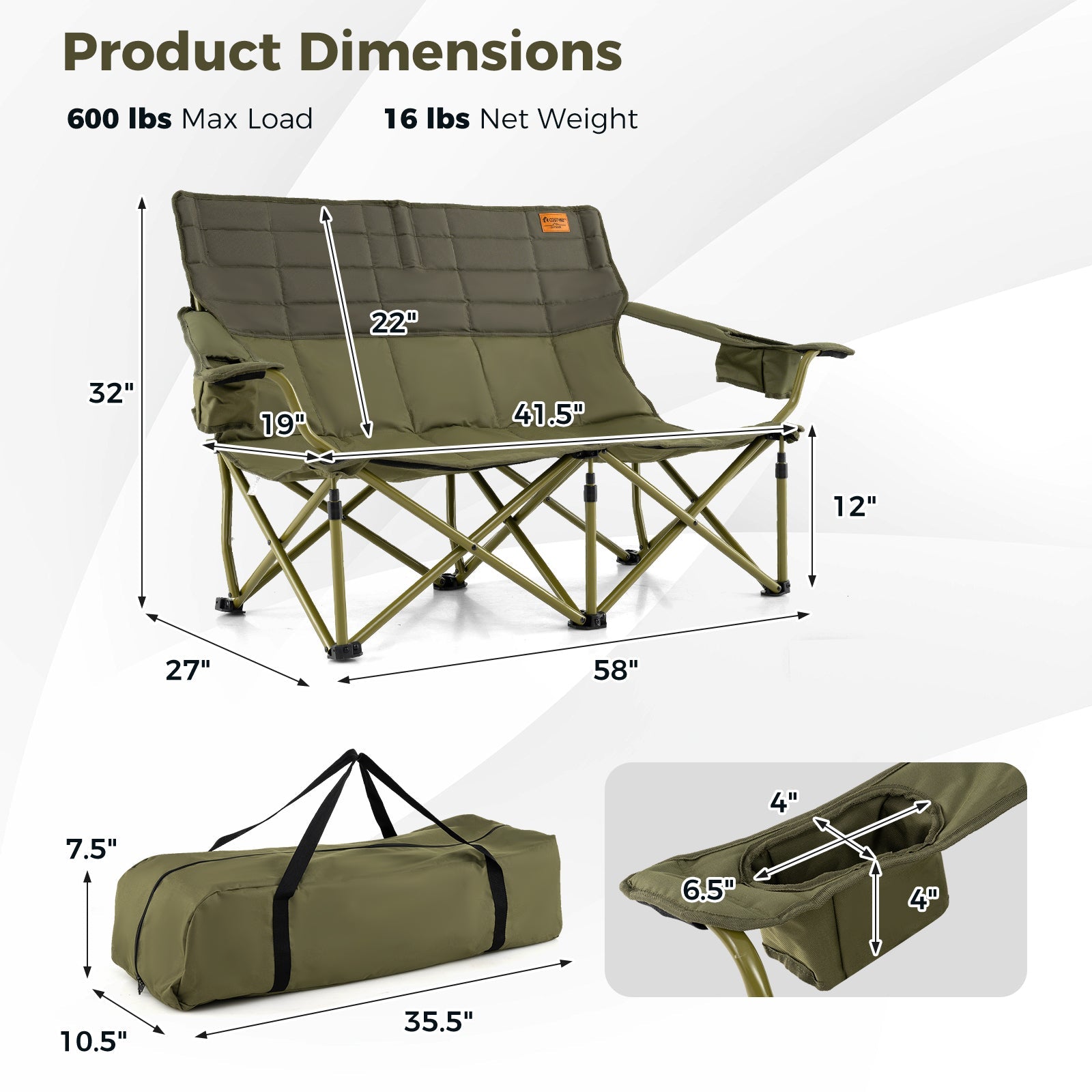 Oversized Camping Chair Folding Loveseat Camping Couch with Cup Holders & Thick Padding - Energize Trek