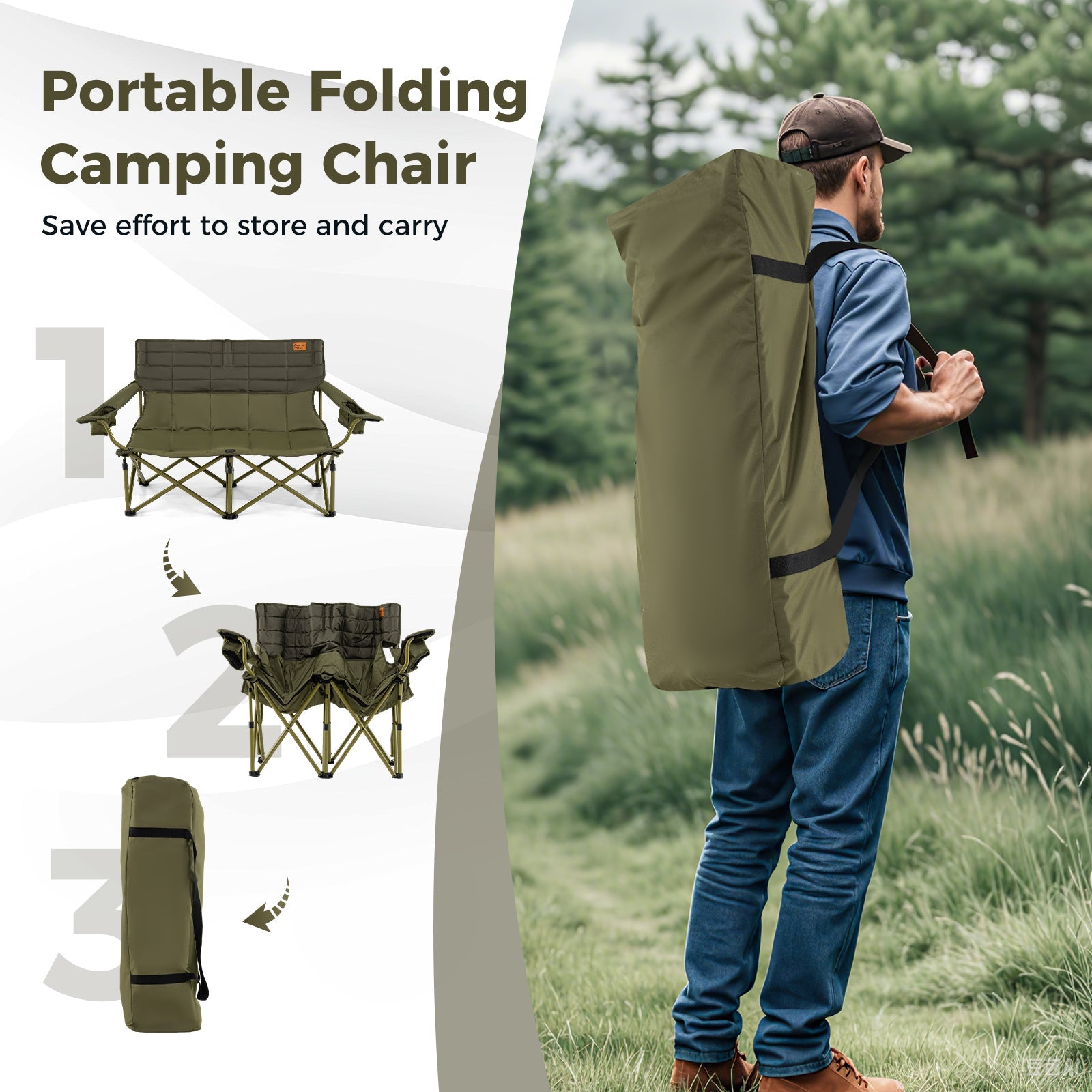 Oversized Camping Chair Folding Loveseat Camping Couch with Cup Holders & Thick Padding - Energize Trek