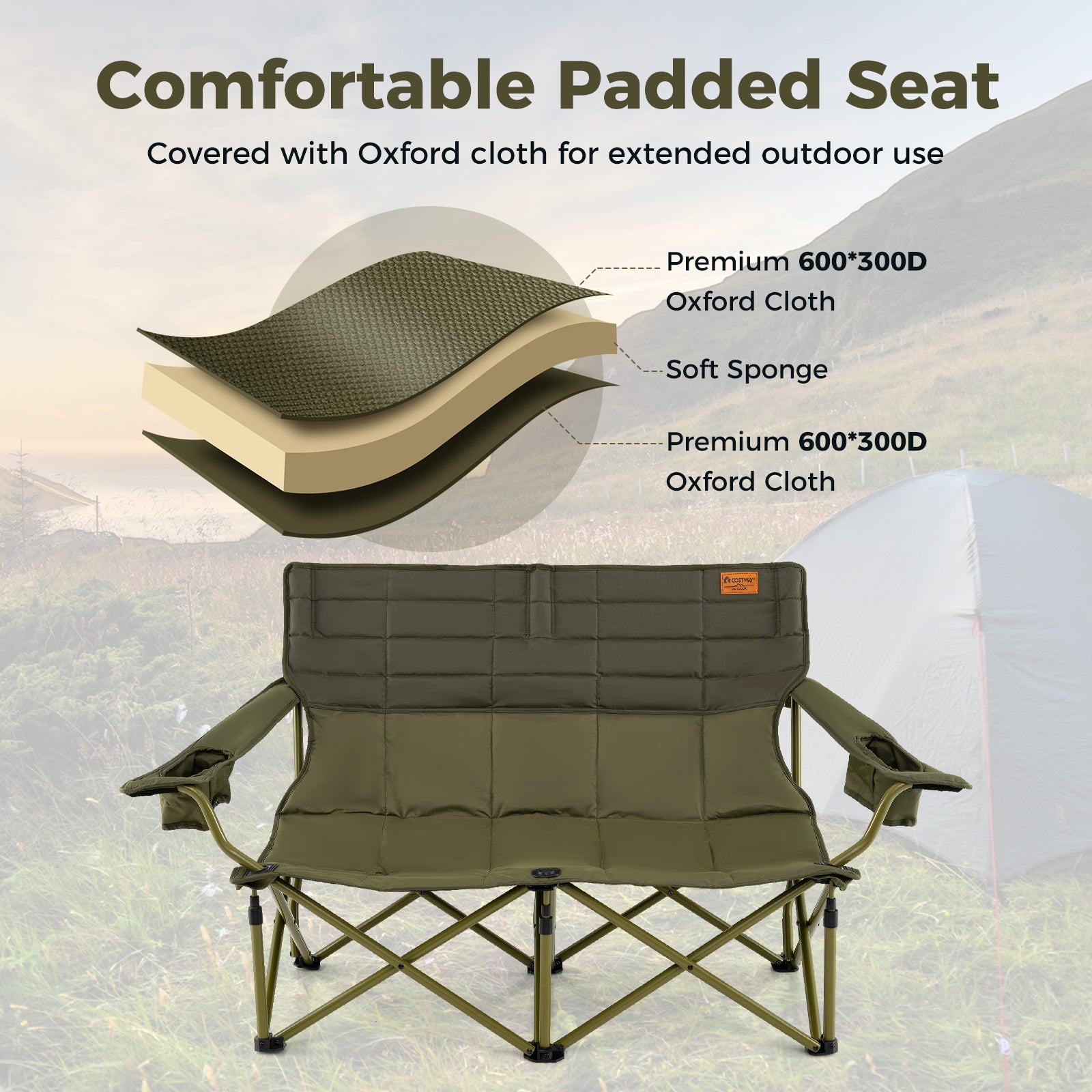 Oversized Camping Chair Folding Loveseat Camping Couch with Cup Holders & Thick Padding - Energize Trek