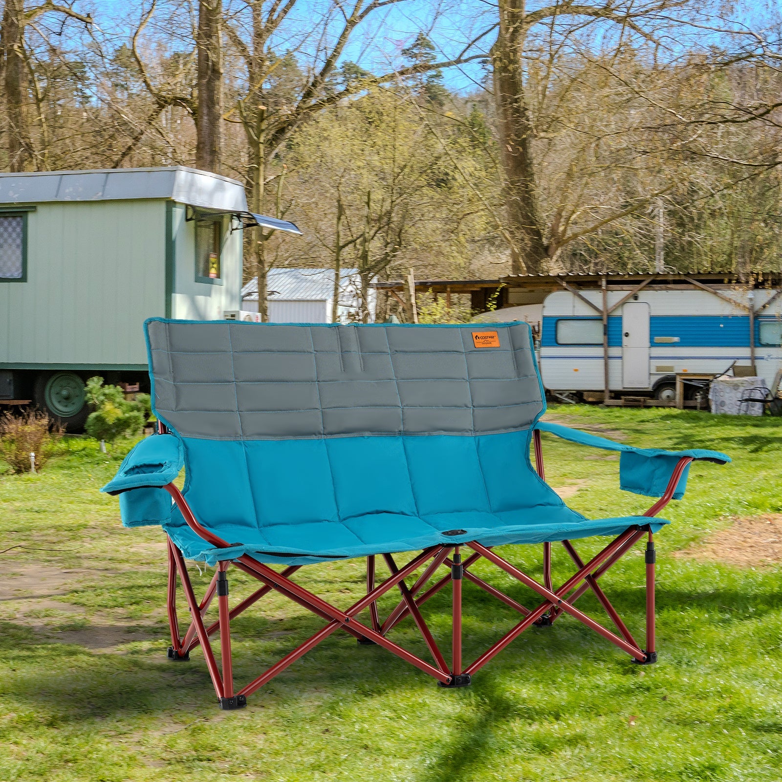 Oversized Camping Chair Folding Loveseat Camping Couch with Cup Holders & Thick Padding - Energize Trek