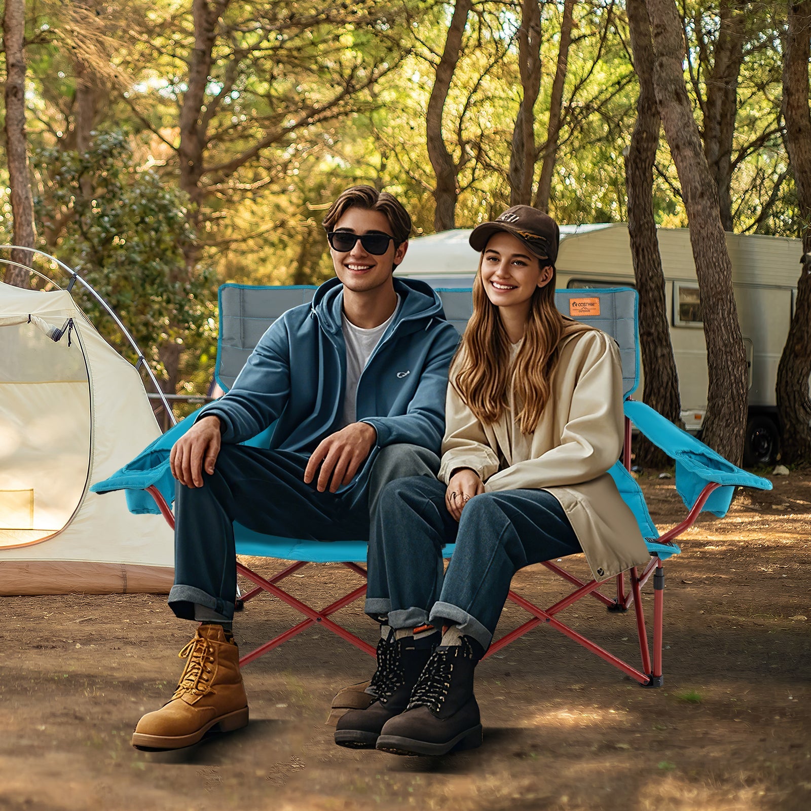 Oversized Camping Chair Folding Loveseat Camping Couch with Cup Holders & Thick Padding - Energize Trek