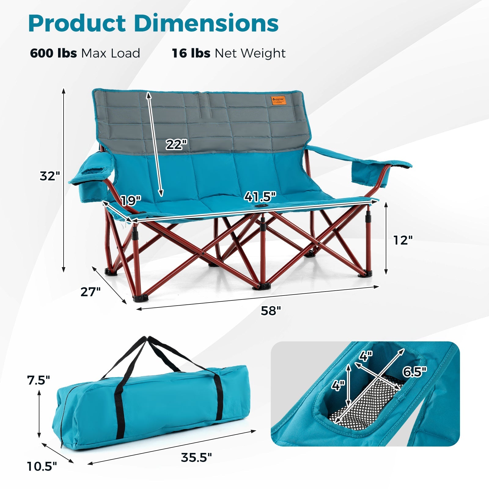 Oversized Camping Chair Folding Loveseat Camping Couch with Cup Holders & Thick Padding - Energize Trek
