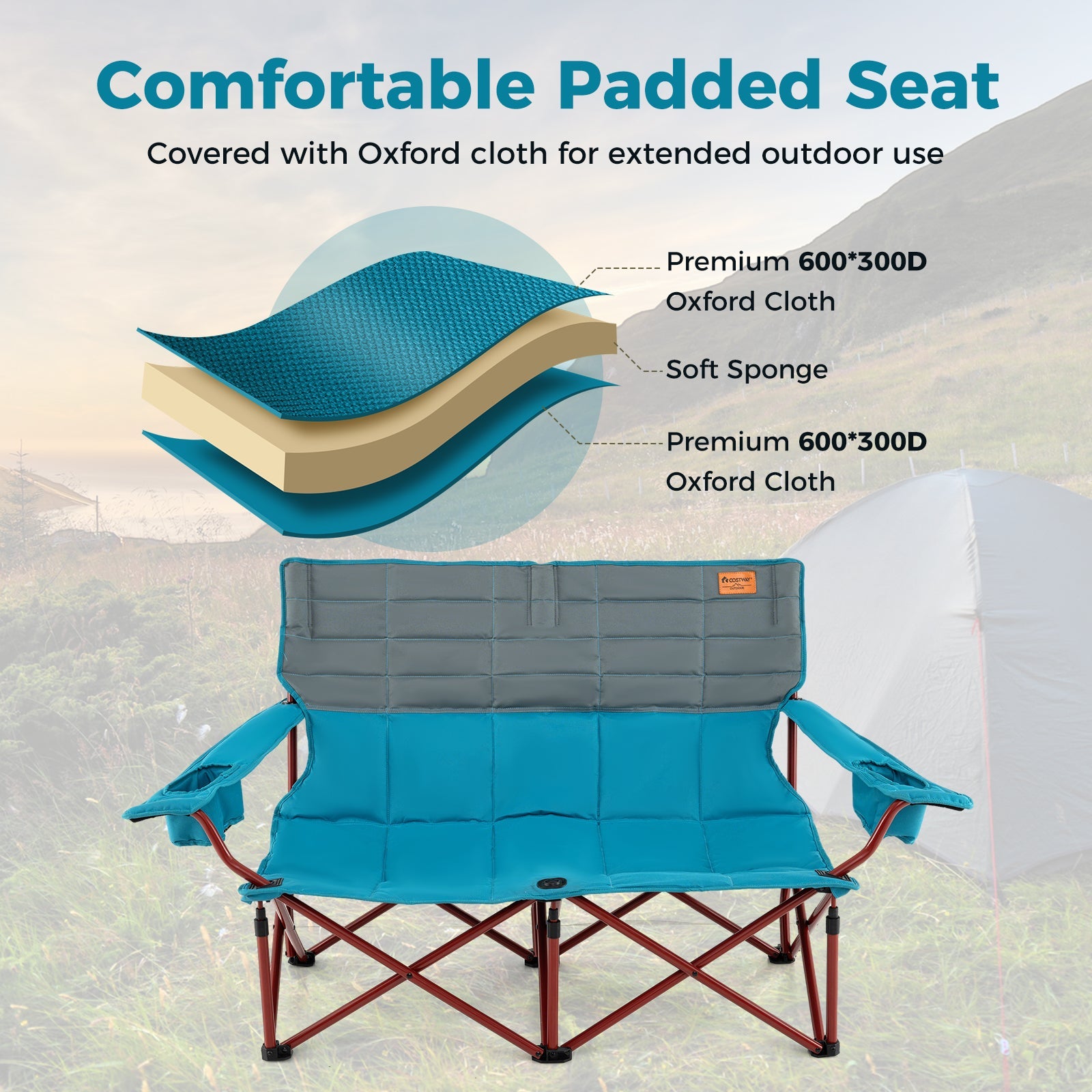 Oversized Camping Chair Folding Loveseat Camping Couch with Cup Holders & Thick Padding - Energize Trek