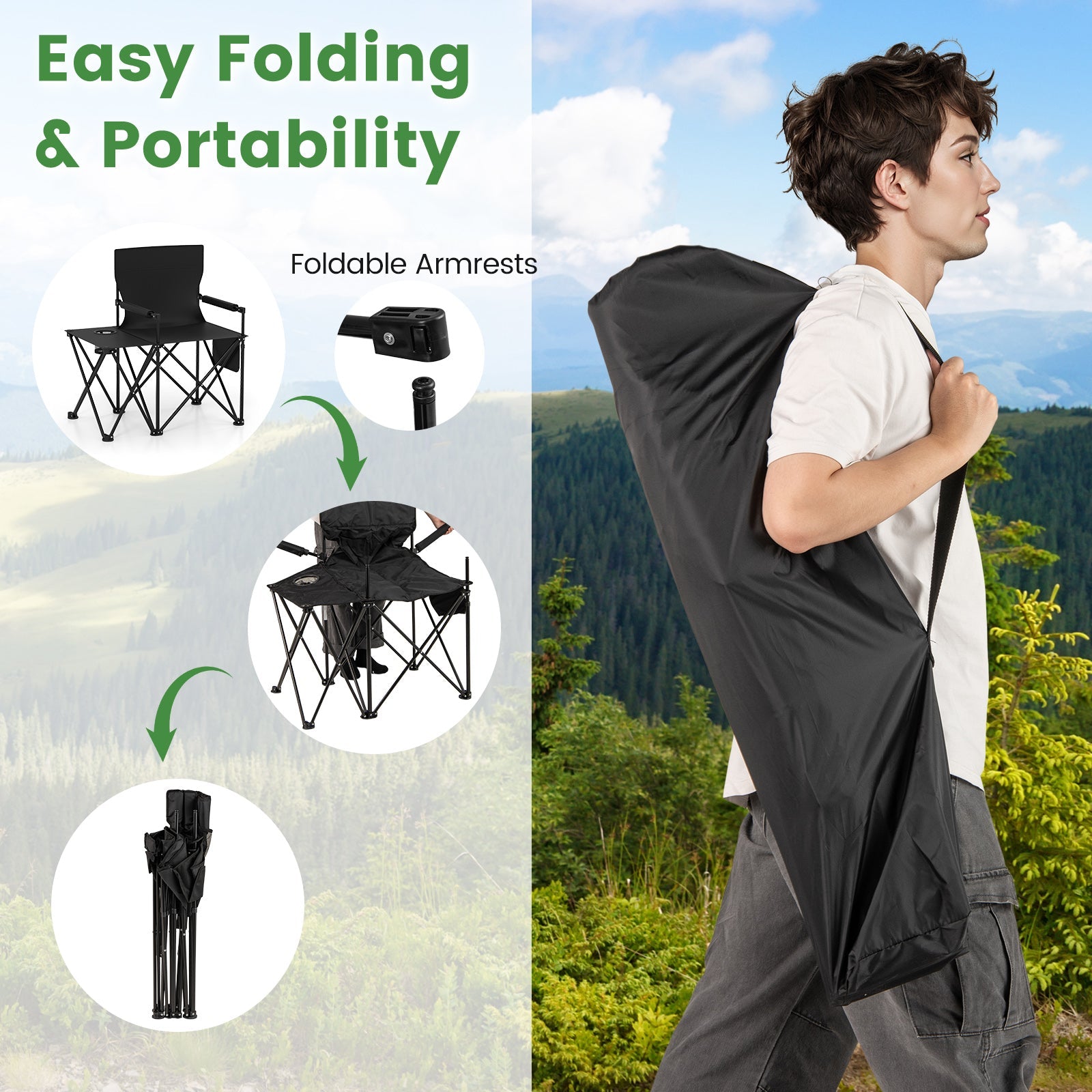 Oversized Camping Chair with Side Table and 2 Storage Pockets - Energize Trek