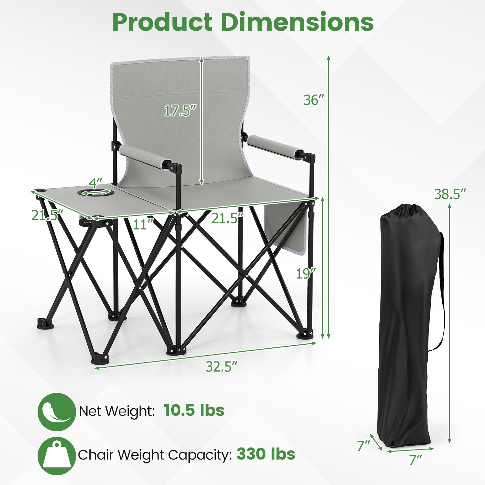 Oversized Camping Chair with Side Table and 2 Storage Pockets - Energize Trek