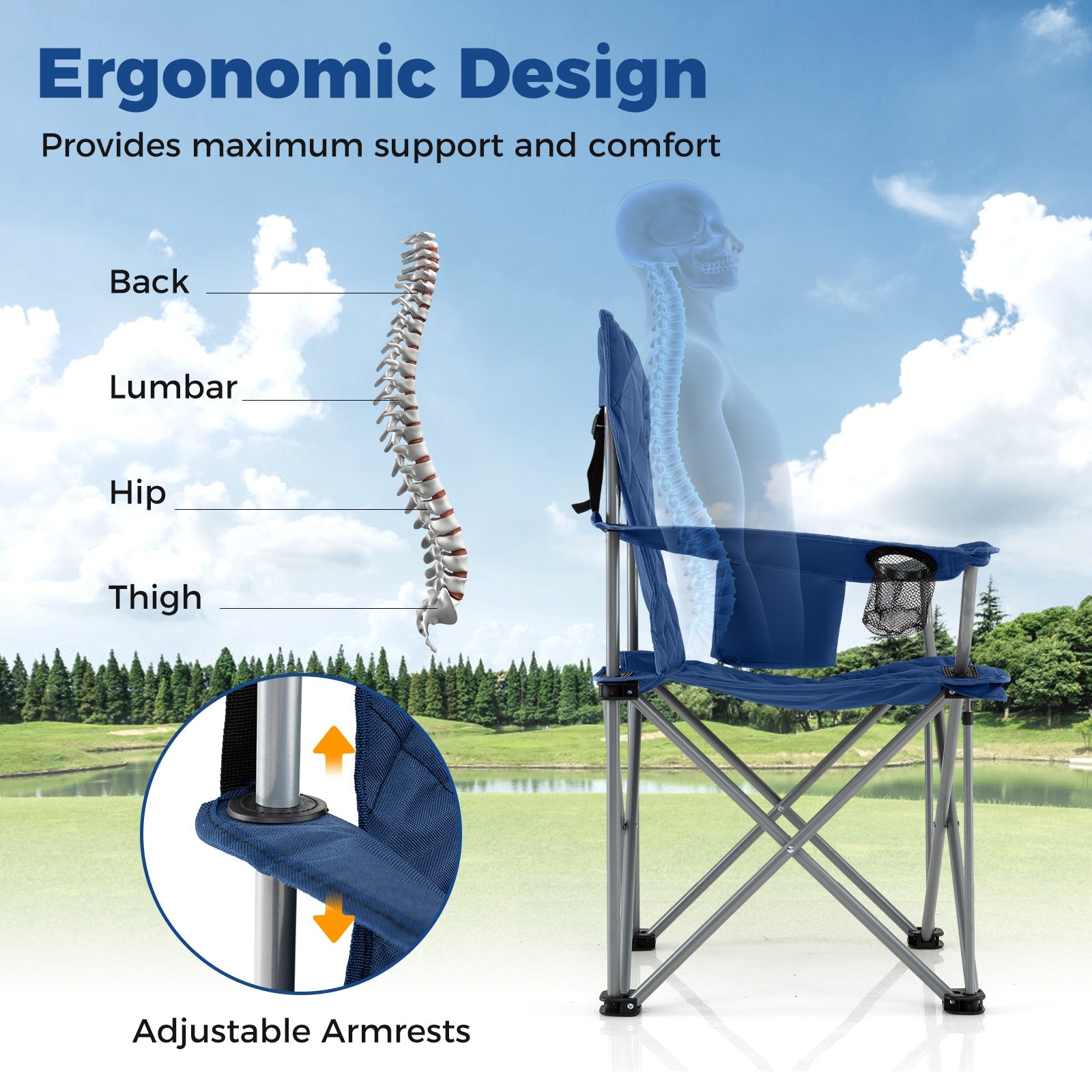Oversized Camping Chairs Outdoor Folding Chair with Cooler Pouch and Cup Holder - Energize Trek