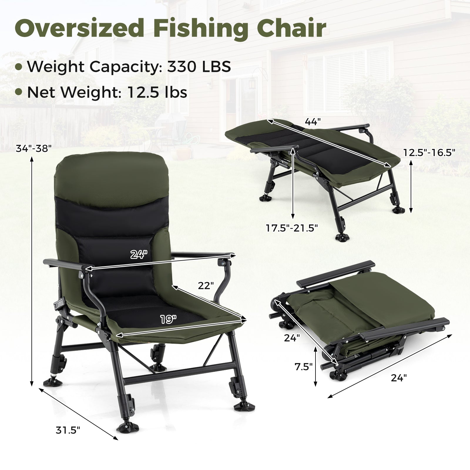 Oversized Foldable Fishing Chair for Adults with Armrest-Green - Energize Trek