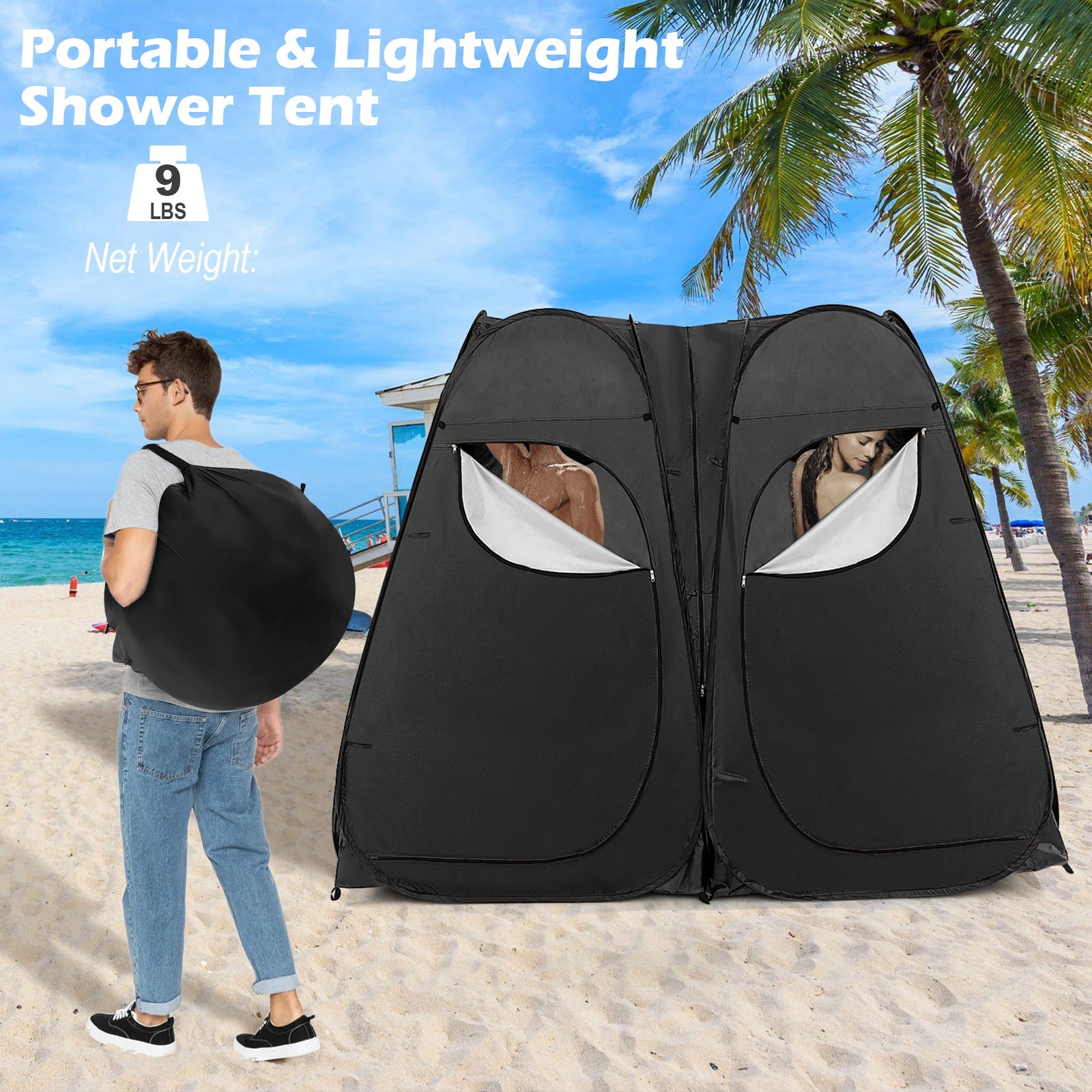 Oversized Pop Up Shower Tent with Window Floor and Storage Pocket - Energize Trek