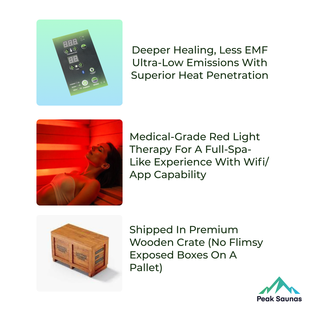 Peak Saunas Rainier 1-Person Full Spectrum Infrared Sauna with XL Medical-Grade Red Light Therapy & Smart WiFi App Control - Energize Trek