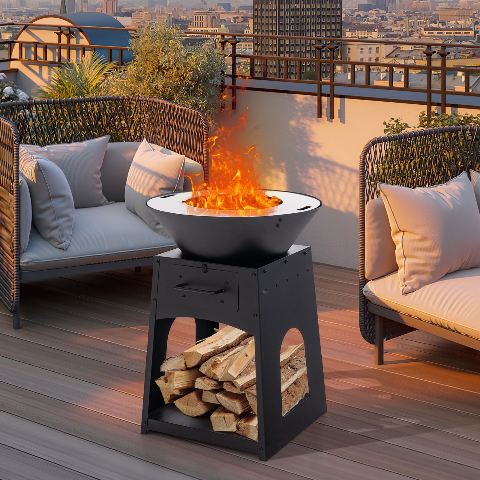 Patio Fire Pit with Firewood Log Rack with Grill and Ash Box-Black - Energize Trek